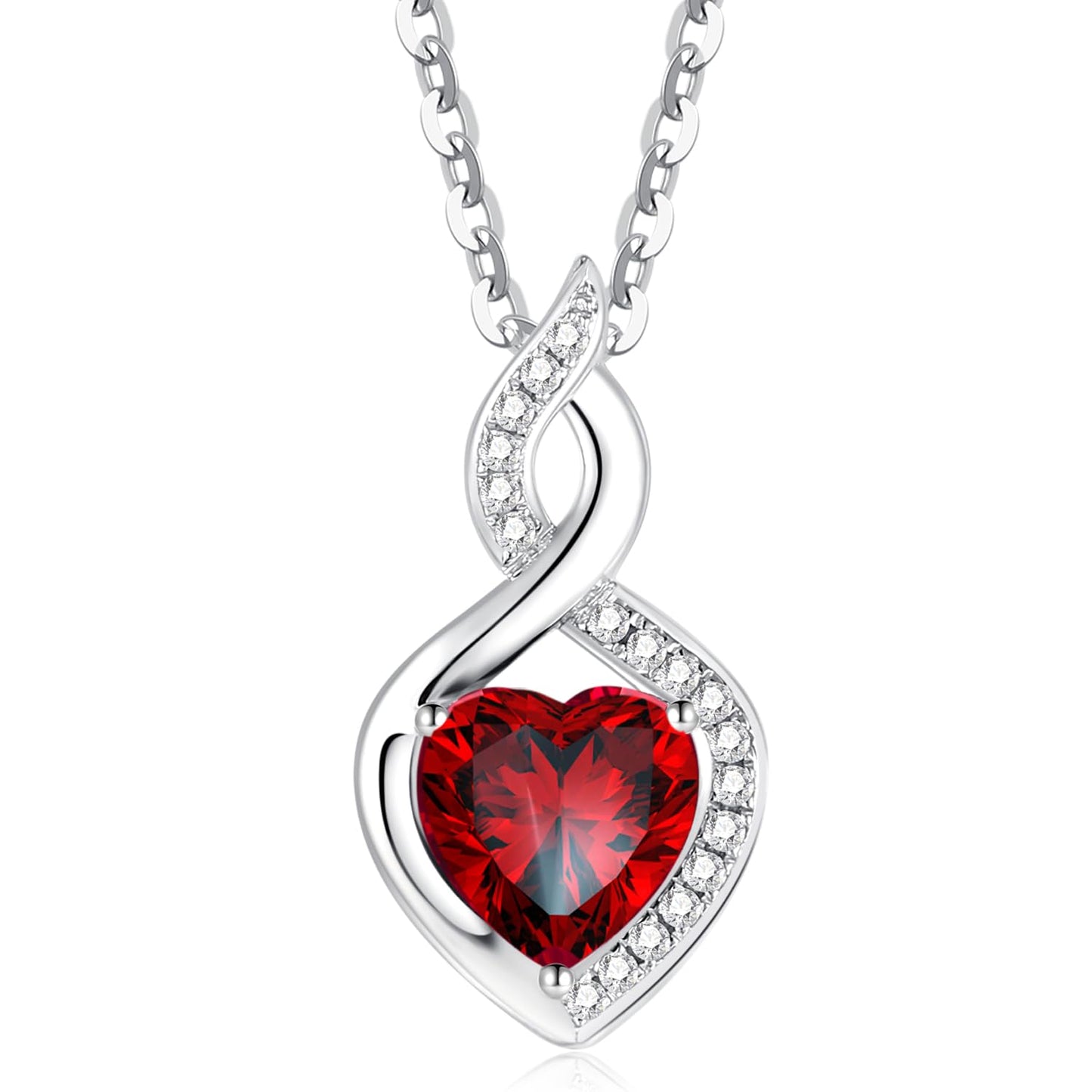 FANCIME Natural Garnet Necklace 14K Solid White Gold Heart Pendant with Diamond January Birthstone Necklace Jewelry Gifts for Mom Women