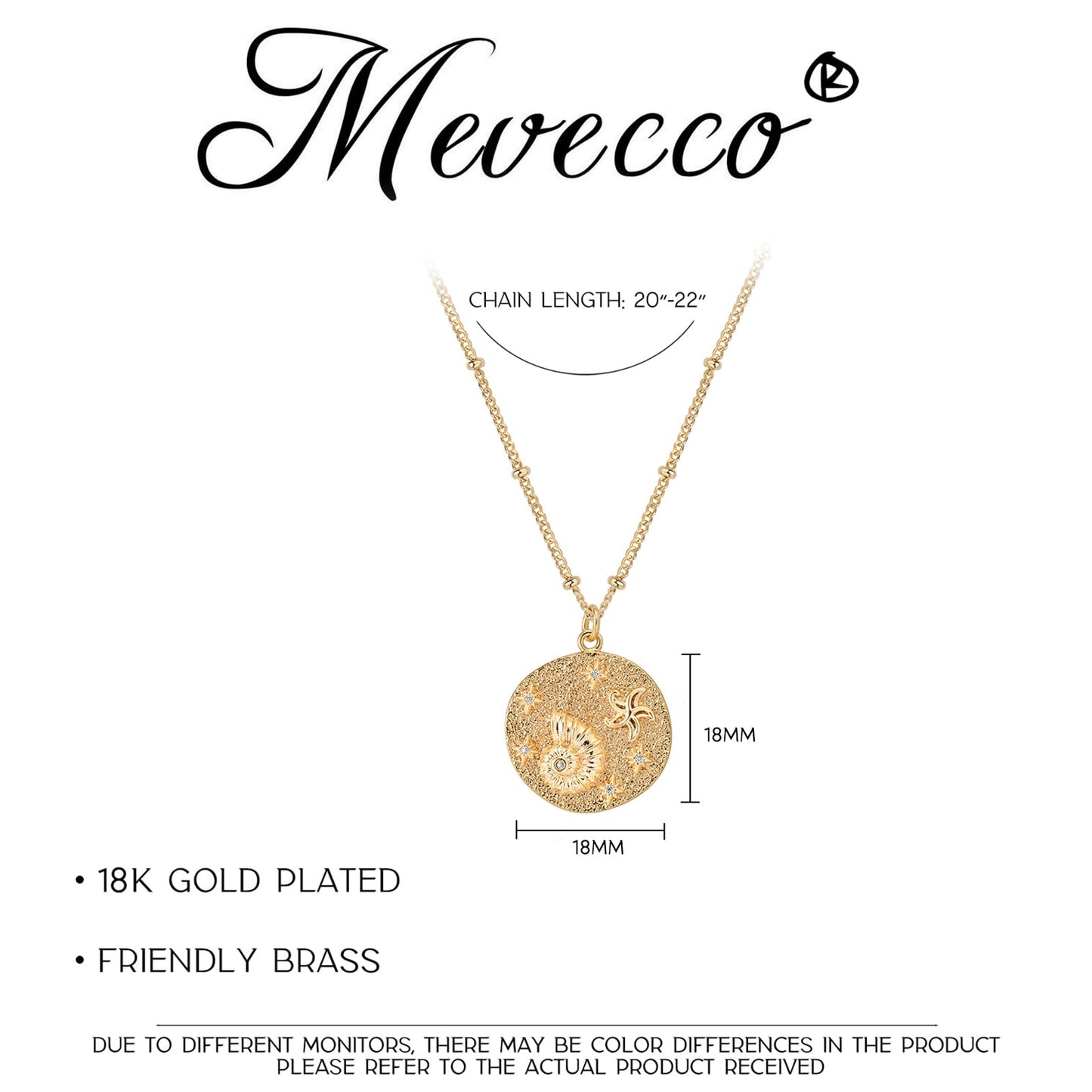 MEVECCO Dainty Gold Conch Shell Coin Pendent Necklace for Women 18K Gold Plated Shell Disc Necklace Boho Beach Handmade Ocean Jewelry for Holiday Gift