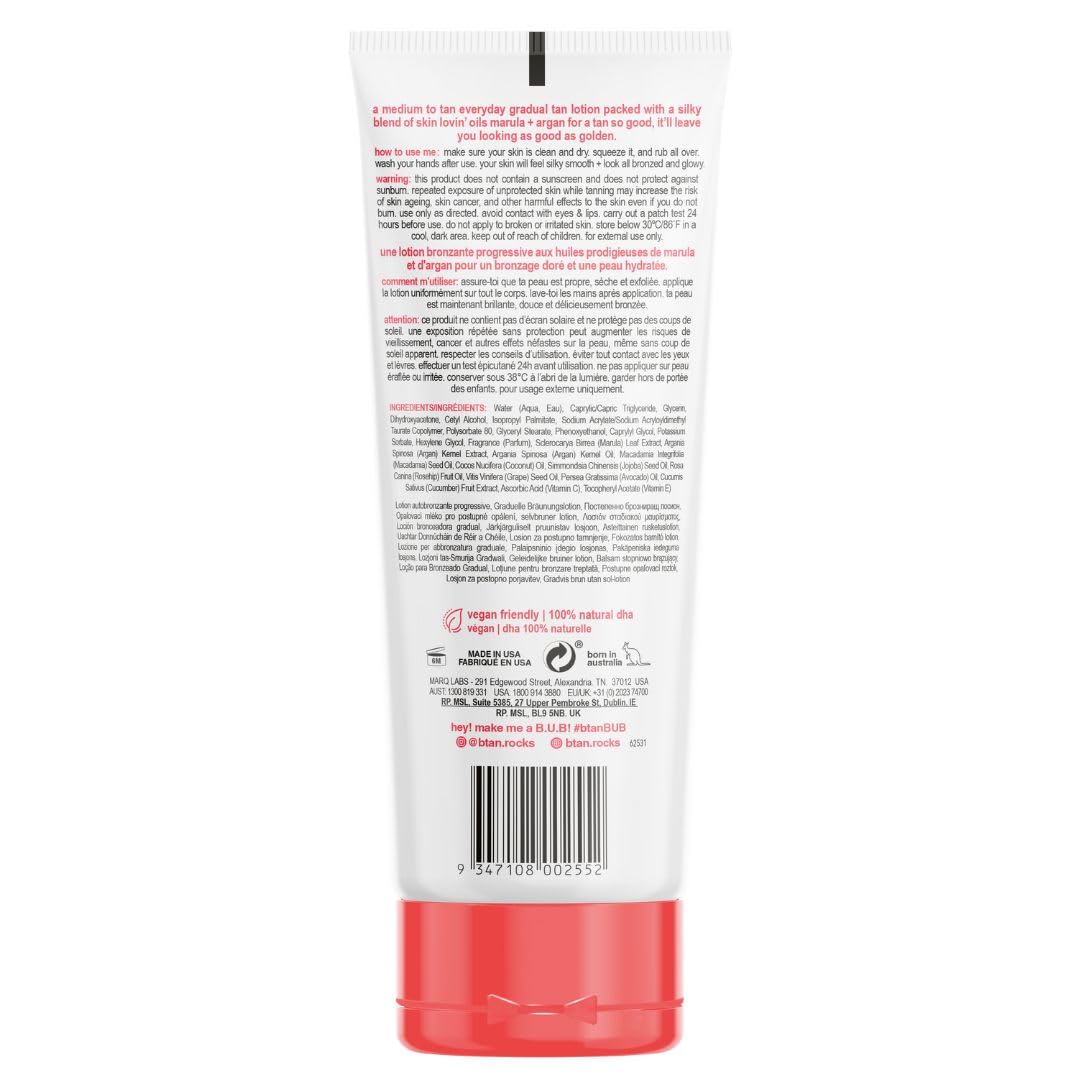 b.tan Medium Gradual Self Tanning Lotion | Just Shut Up and Sun Kiss Me Everyday Glow Lotion - Develop a Bronzed Glow, Infused With Marula + Argan Oil, Vegan, Cruelty & Paraben Free, 236ml