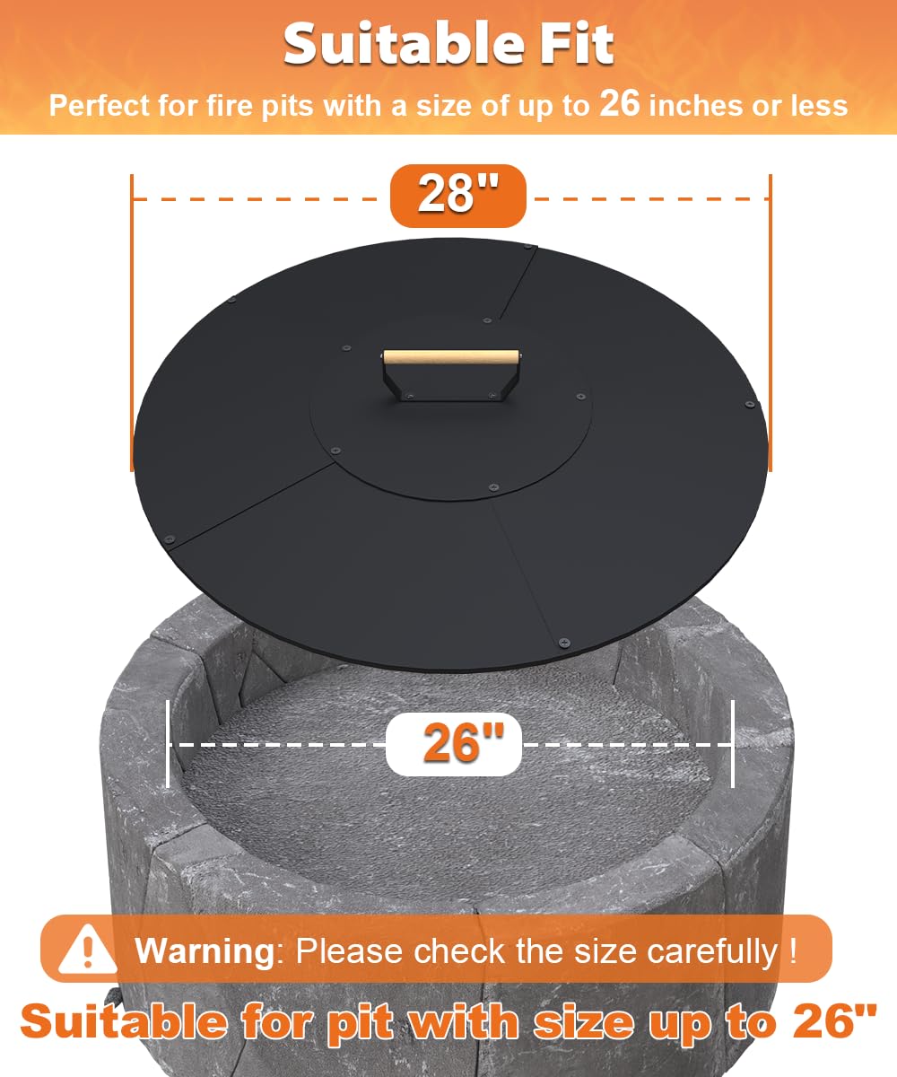 Ardier 28" Wooden-Handle Fire Pit Lid for Pits up to 26", Round Metal Bonfire Pit Burner Pan Cover, Smokeless Fire Pit Cover for Fire Tables, All-Weather Resistance Outdoor Firepit Accessory
