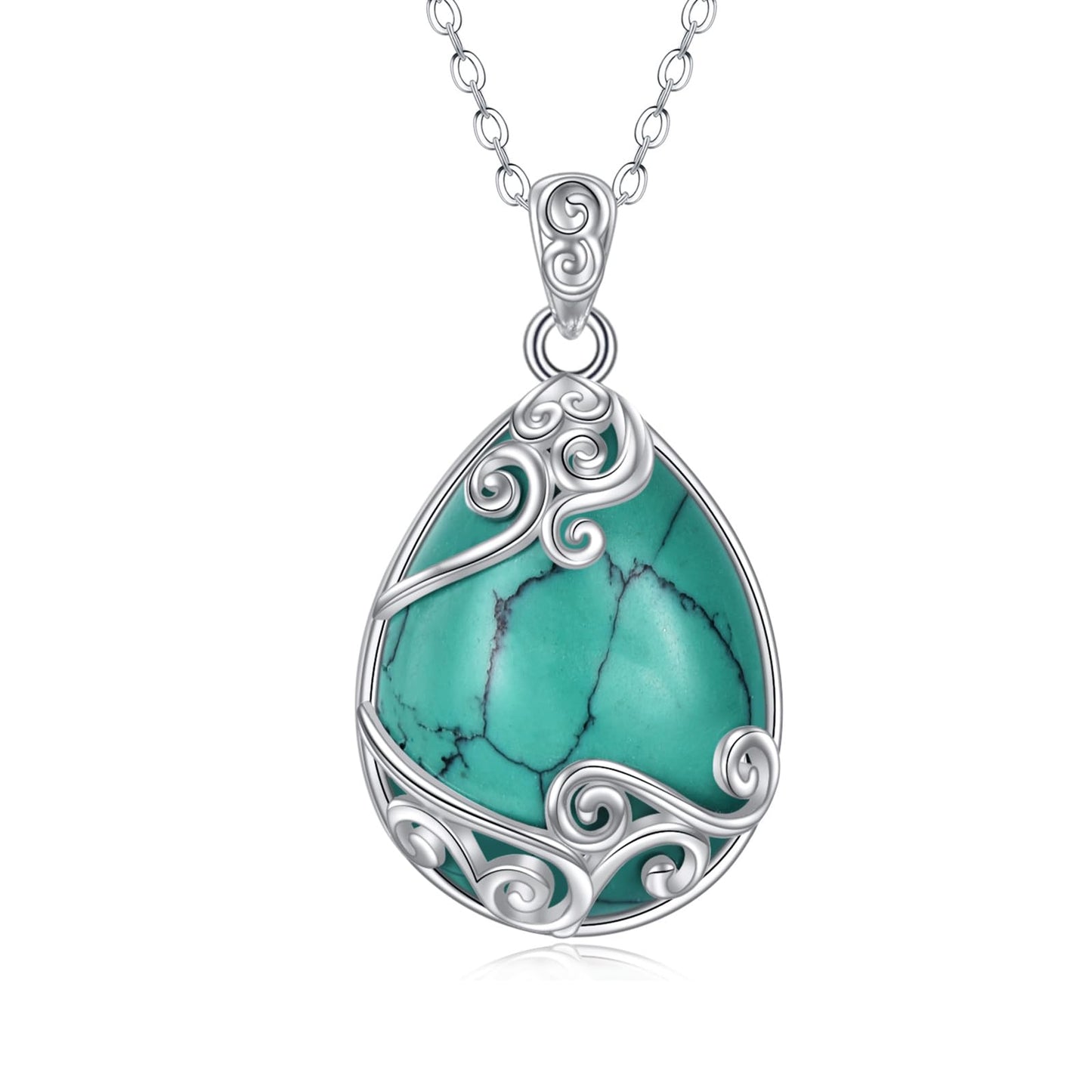 YAFEINI 925 Sterling Silver Turquoise Necklace Filigree Teardrop Pendant Necklace Turquoise Jewelry for Women (Q-Turquoise)