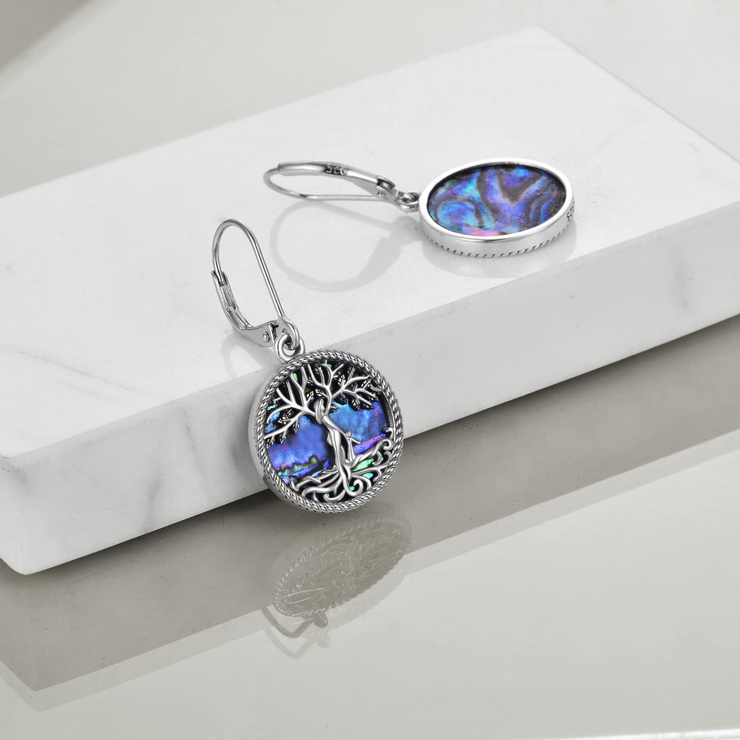ONEFINITY Tree of Life Earrings 925 Sterling Silver Leverback Tree of Life Abalone Shell Dangle Drop Earrings for Women Jewelry Gifts