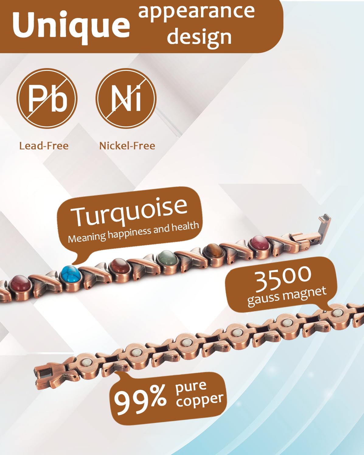 EnerCoppeX Copper Magnetic Bracelet for Women - Turquoize Detox Jewelry with 3500 Gauss Magnet (M)