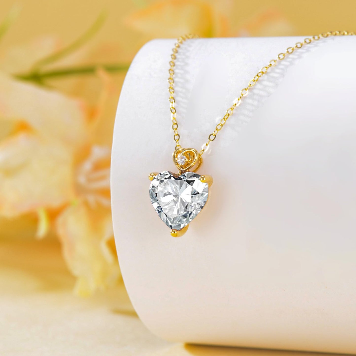 NFYBD 14k Gold Love Heart Gemstone Birthstone Pendant Necklace for Women 3 Carat Heart-cut Created Gemstone Anniversary Birthday Mother's Day Necklaces for Her 16+1+1 inch-Apr