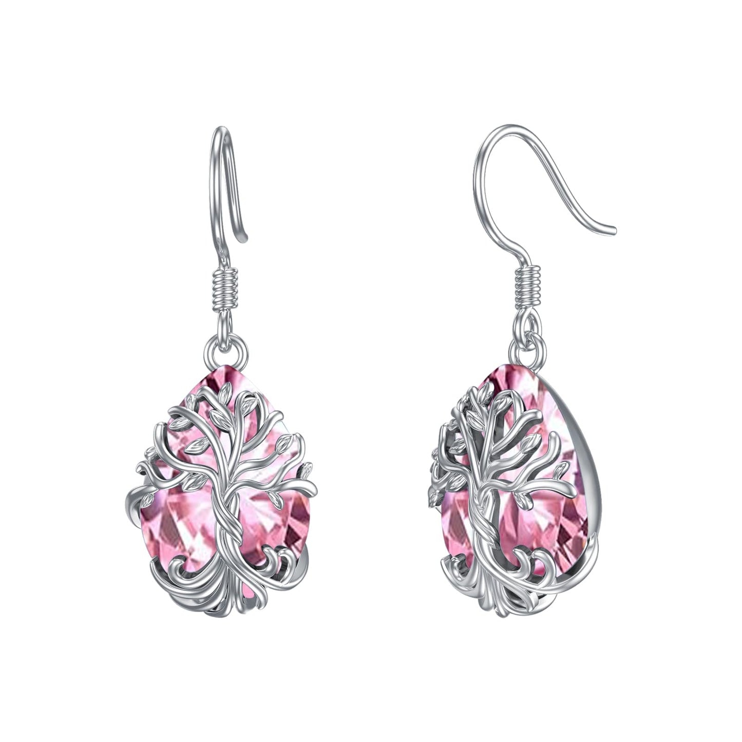 TOUPOP Pink Tourmaline Tree of Life Earrings Sterling Silver Teardrop October Birthstone Earrings Family Tree Pink Tourmaline Jewelry Birthday Mothers Day Gifts for Women Mom Her