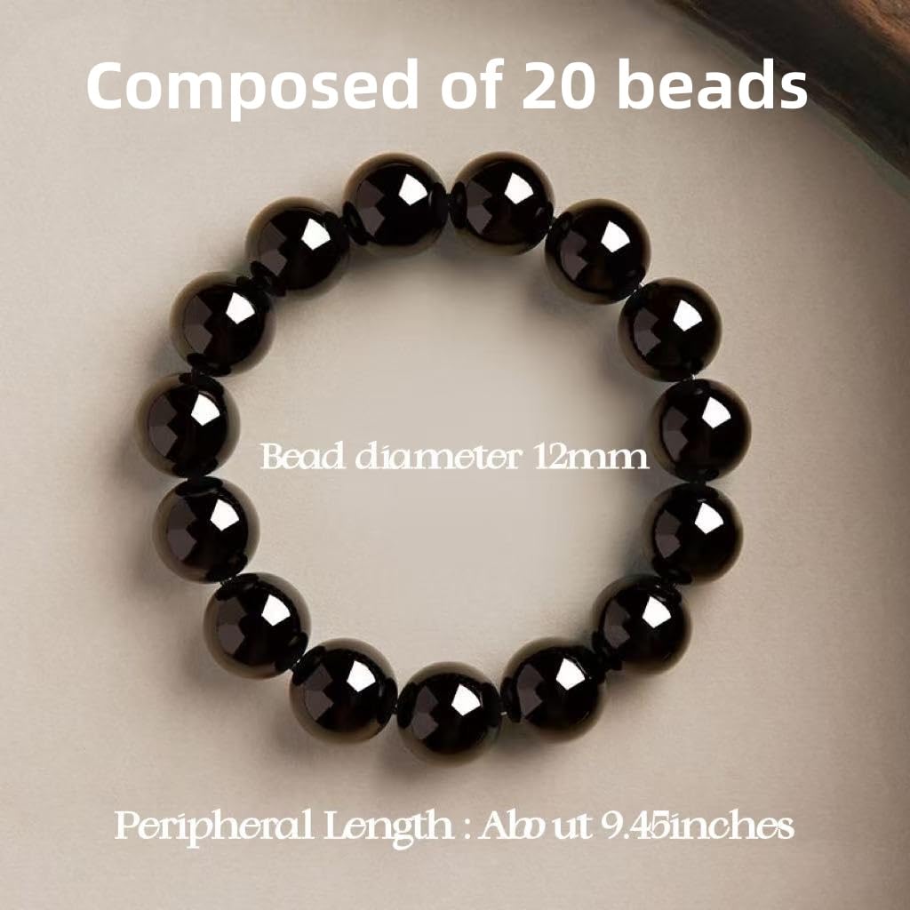 T Starlight Bright Q Natural Black Obsidian Bracelet - 12mm 20 Beads with 0.8mm Elastic Cord - Handmade Spiritual Protection Jewelry - Chakra Balancing Energy Bracelet for Men & Women - Best Gift