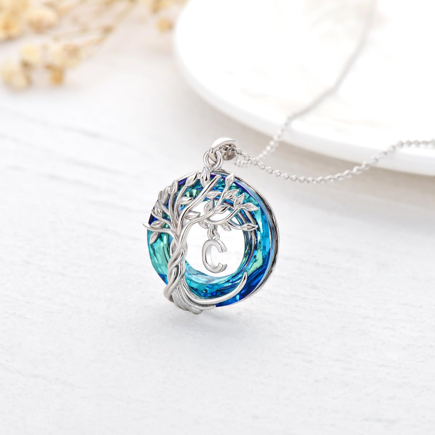 TOUPOP Tree of Life Initial Necklace Gifts for Women Sterling Silver Initial C Letter Jewelry Irish Crystal Pendant Birthday Gifts for Women Her Mom Wife Daughter