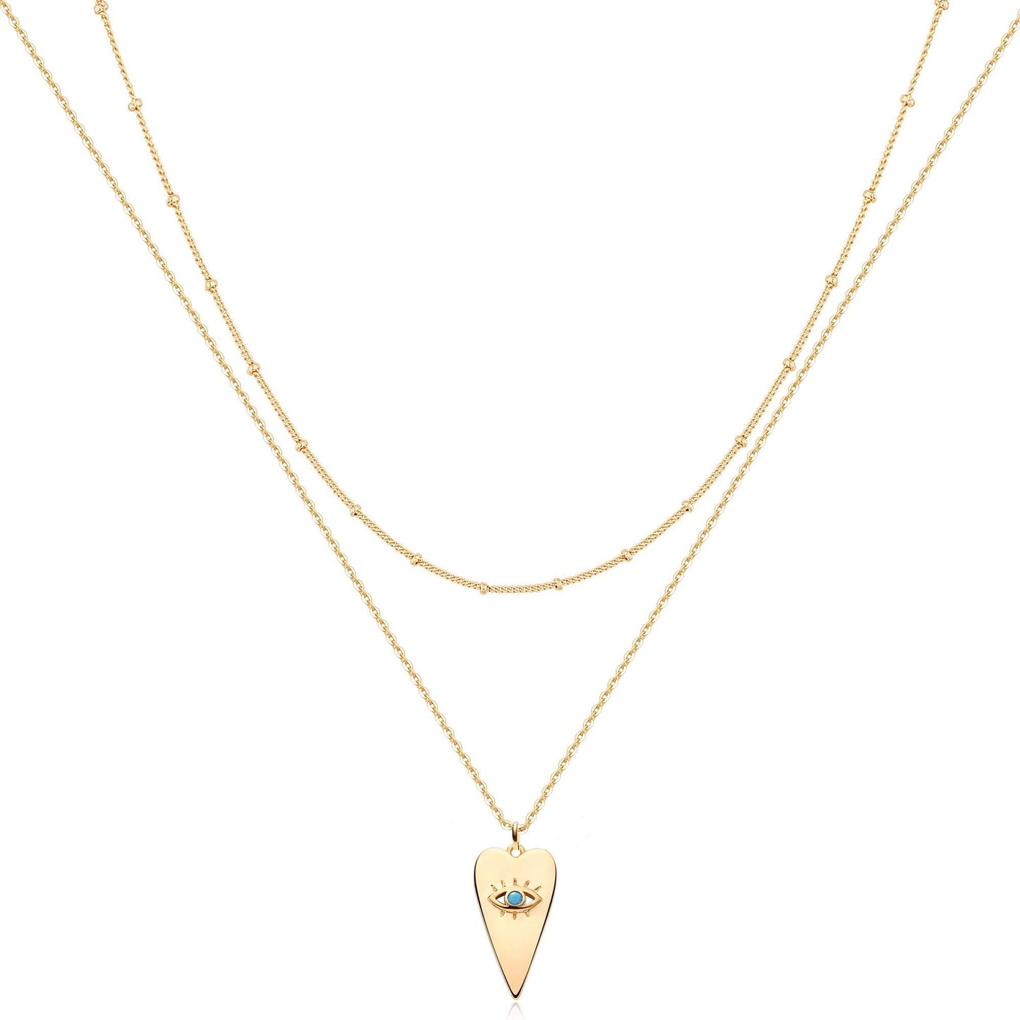 MEVECCO Layered Heart Evil Eye Necklace Handmade 18k Gold Plated Dainty Turquoise Layering Necklace for Women
