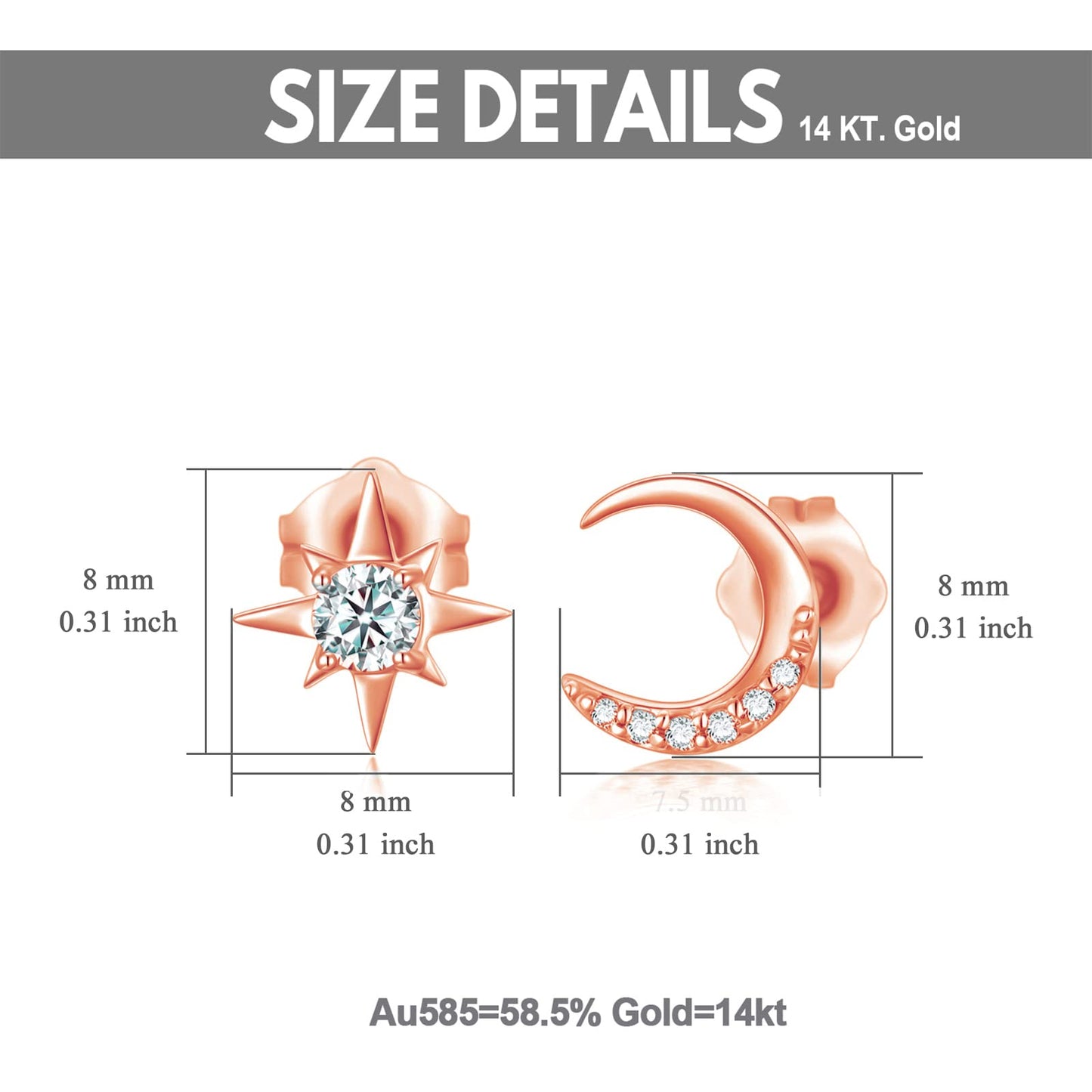 SISGEM 14k Rose Gold Moon and North Star Necklace and Stud Earrings Set, Fine Jewelry for Women