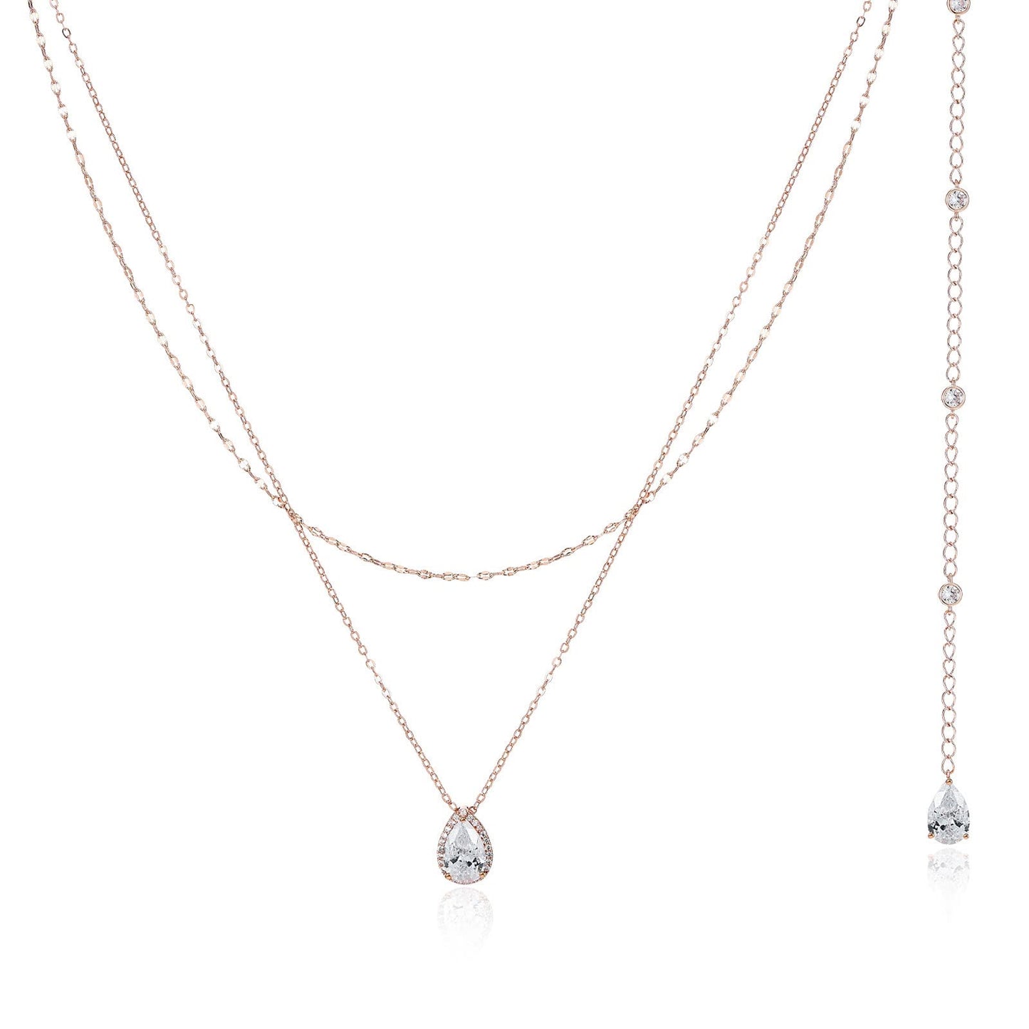 SWEETV Teardrop Wedding Back Necklace for Bride Bridesmaids, Rose Gold Cubic Zirconia Simple Back Pendant Bridal Necklace for Wedding Party