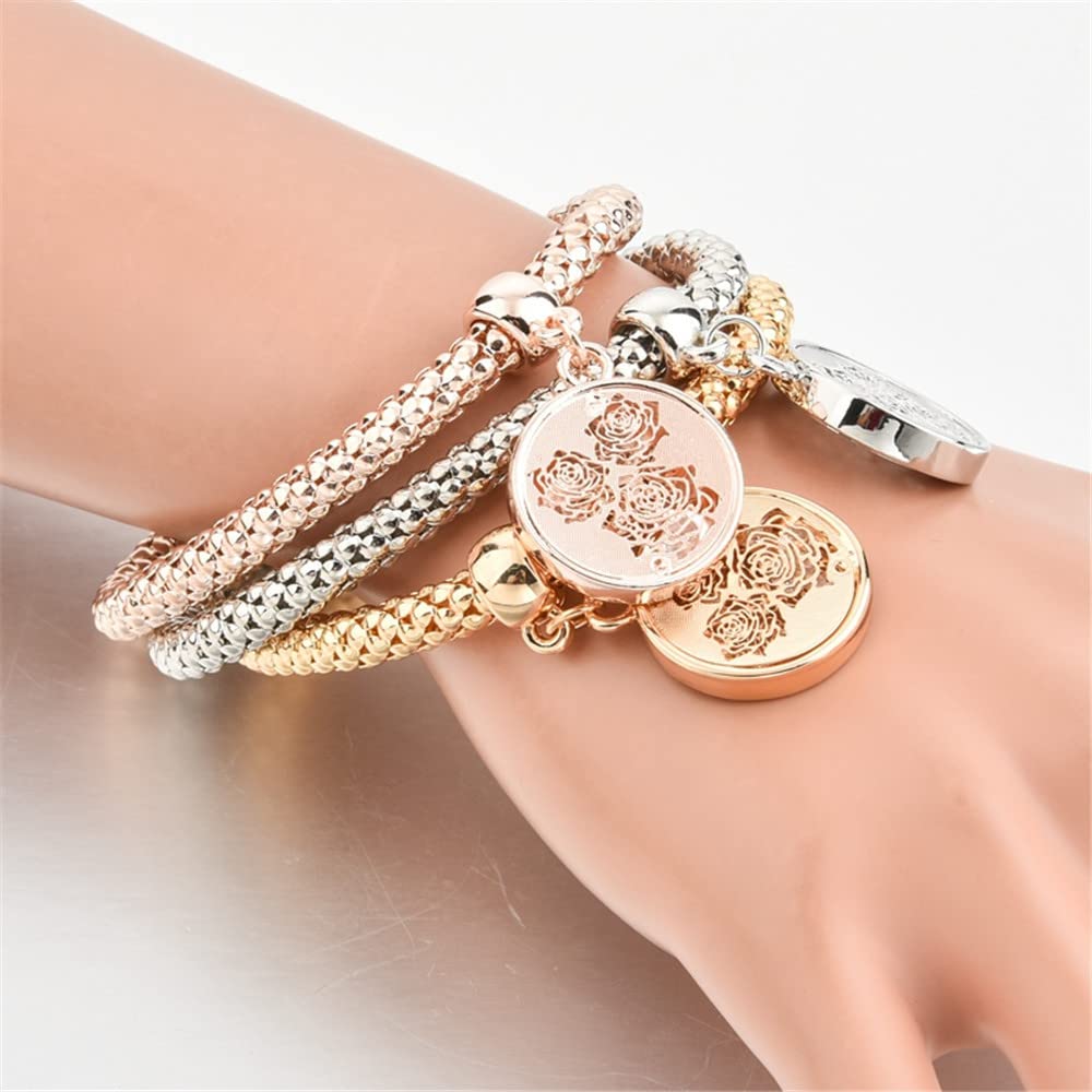 SILANER Crystal Charms Multilayer Bracelets - 3PCS Gold/Silver/Rose Gold Corn Chain Bracelet for Women, Tree of Life Heart Shaped Stretch Bracelet