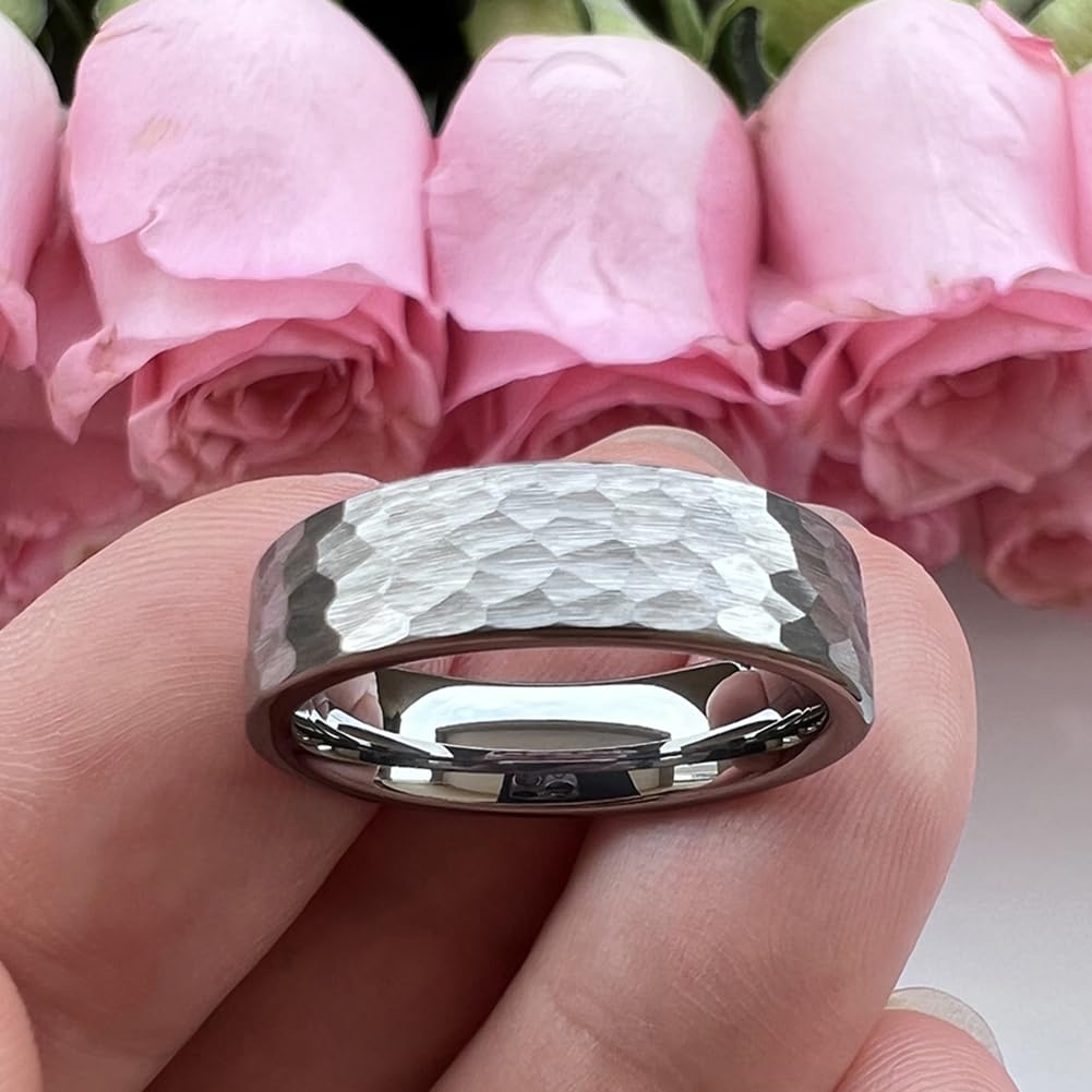 TUTISS 6mm Hammered Tungsten Carbide Rings for Men Women Fashion Engagement Wedding Bands Matte Finish I Love You Engraved Comfort Fit Size 10