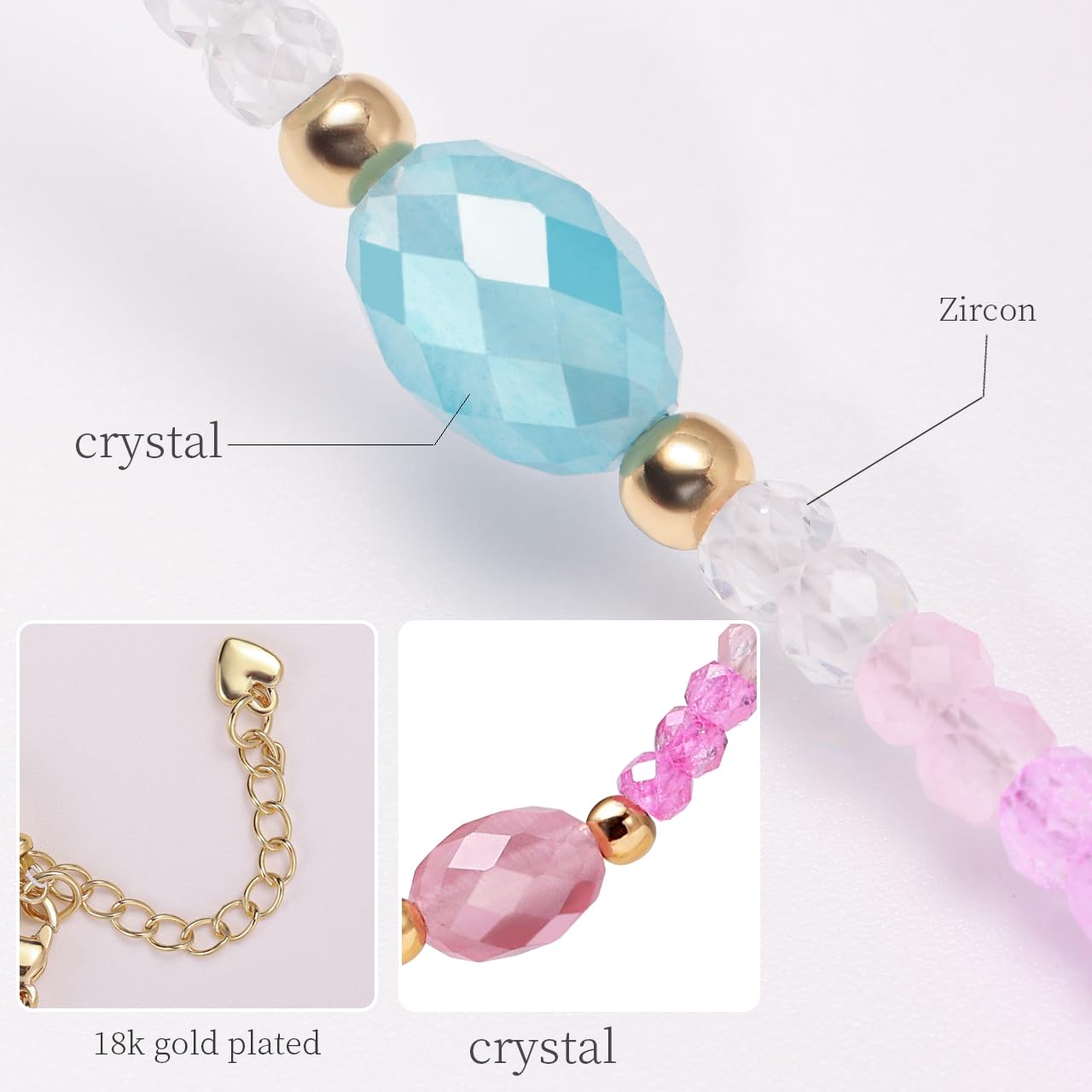 Gmissbabicoo Healing Crystal Necklace for Women Spiritual Zircon Beads Handmade Gemstone with 18k Golden Plated Blue Pink Crystals Stones Beaded Adjustable Necklaces with Jewelry Box