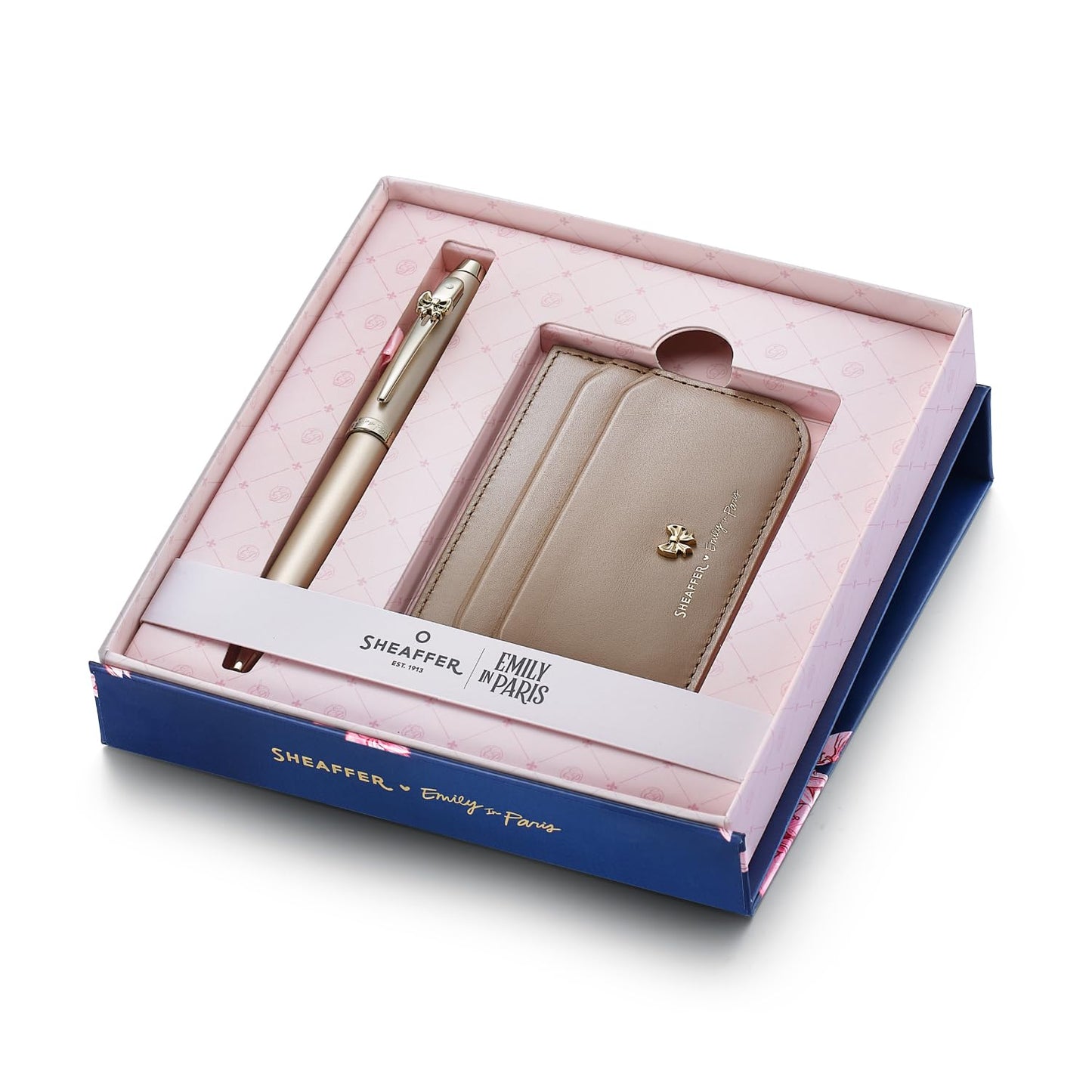 Sheaffer 100 Emily in Paris 9377 Collection, Champagne Gold Pen with PVD Gold Trims, Bow-Shaped Clip (Ballpoint Pen and Full-Grain Credit Card Holder - RFID protection with 4 card slots)