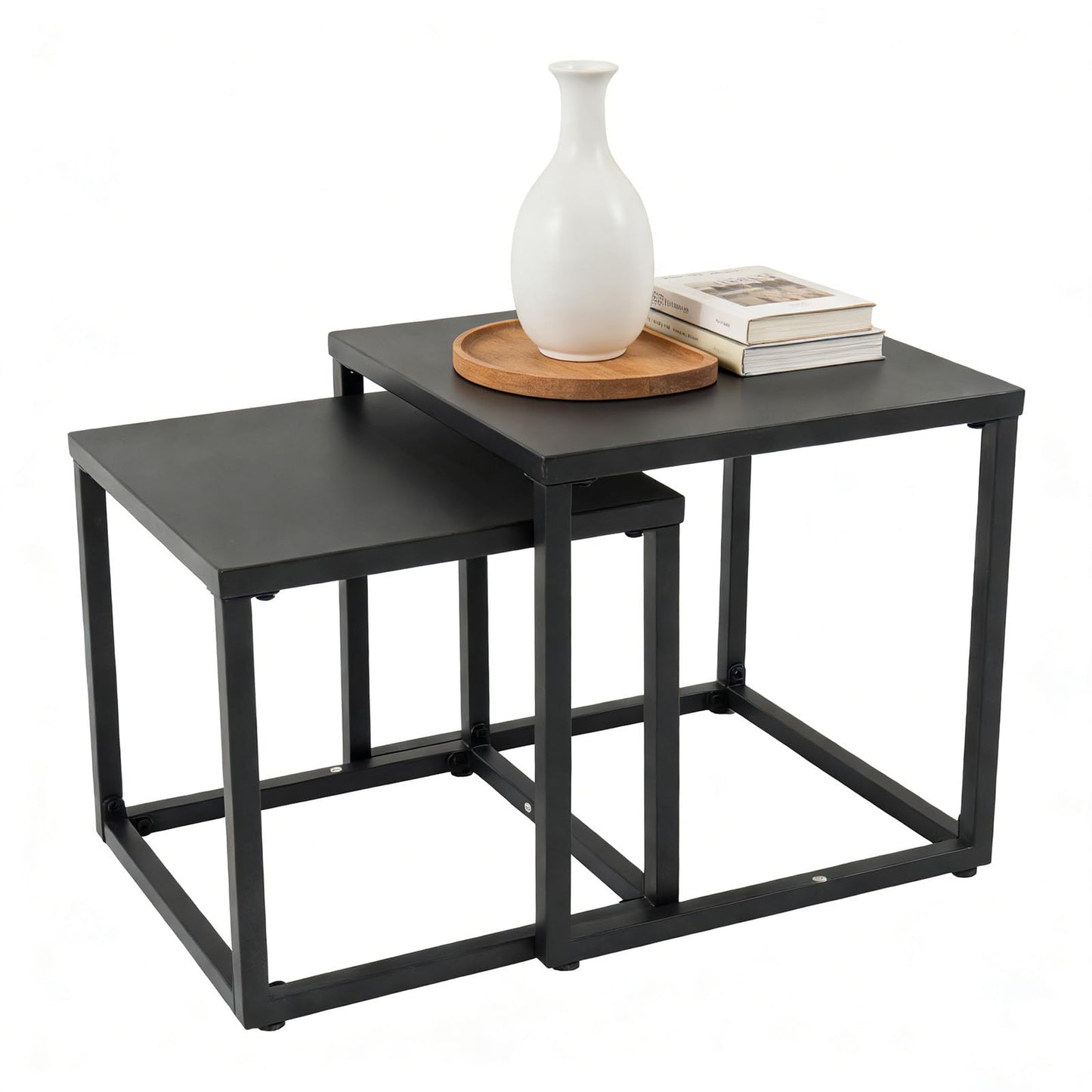 Meluvici Patio Outdoor Coffee Table Set of 2, Weather Resistant Steel Square End Tables, Outdoor Nesting Tables for Patio, Balcony, Bistro and Indoor, Black (Black)