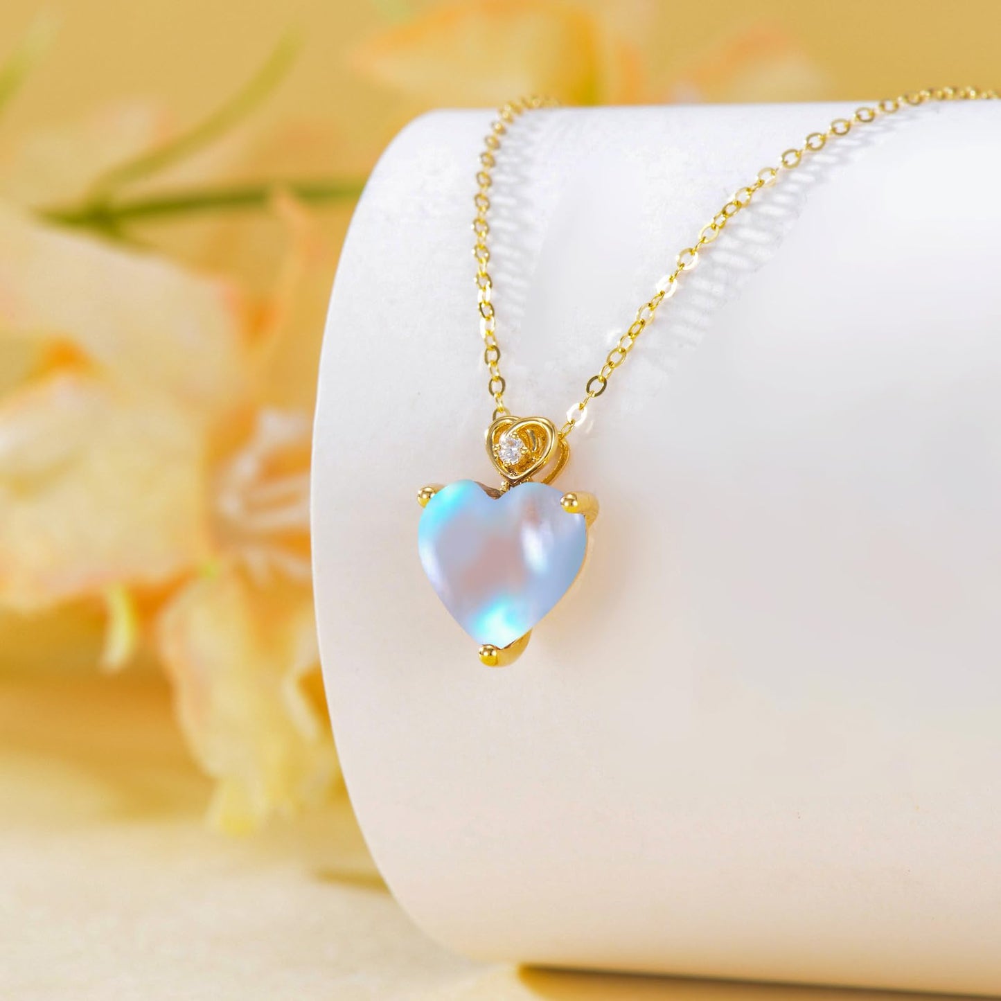 NFYBD 14k Gold Love Heart Moonstone Birthstone Pendant Necklace for Women 3 Carat Heart-cut Created Gemstone Anniversary Birthday Mother's Day Necklaces for Her 16+1+1 inch