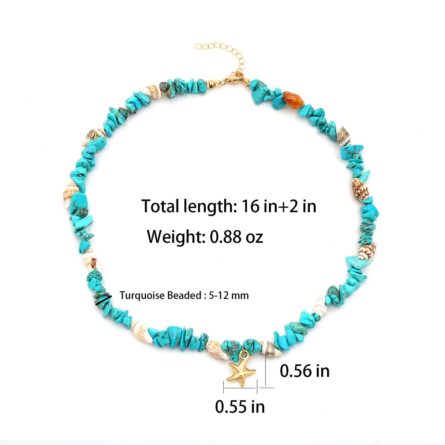 Starfish Turquoise Necklace for Women, 14K Gold Plated Dainty Starfish Turquoise Beaded Necklaces Handmade Beach Summer Boho Shell Ocean Choker Beachy Vacation Necklaces for Women Blue 16 Inches