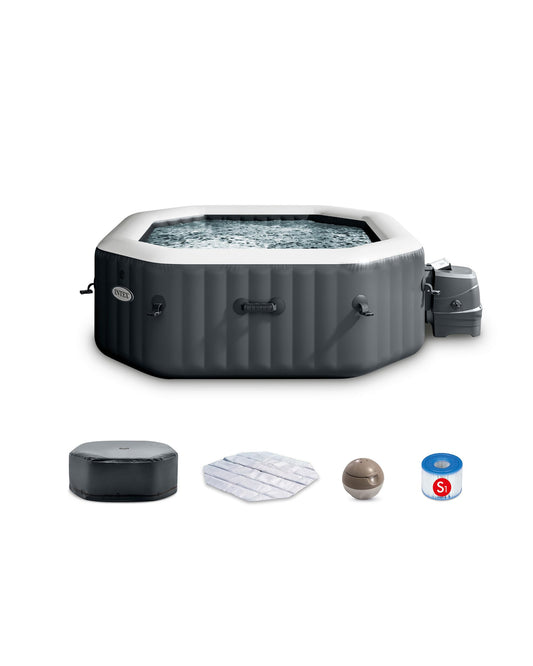 INTEX 28433EP PureSpa Bubble Deluxe Spa Set: Includes Energy Efficient Spa Cover – 120 Bubble Jets – Octagonal Design – 4 Person Capacity – 71" x 71" x 28"