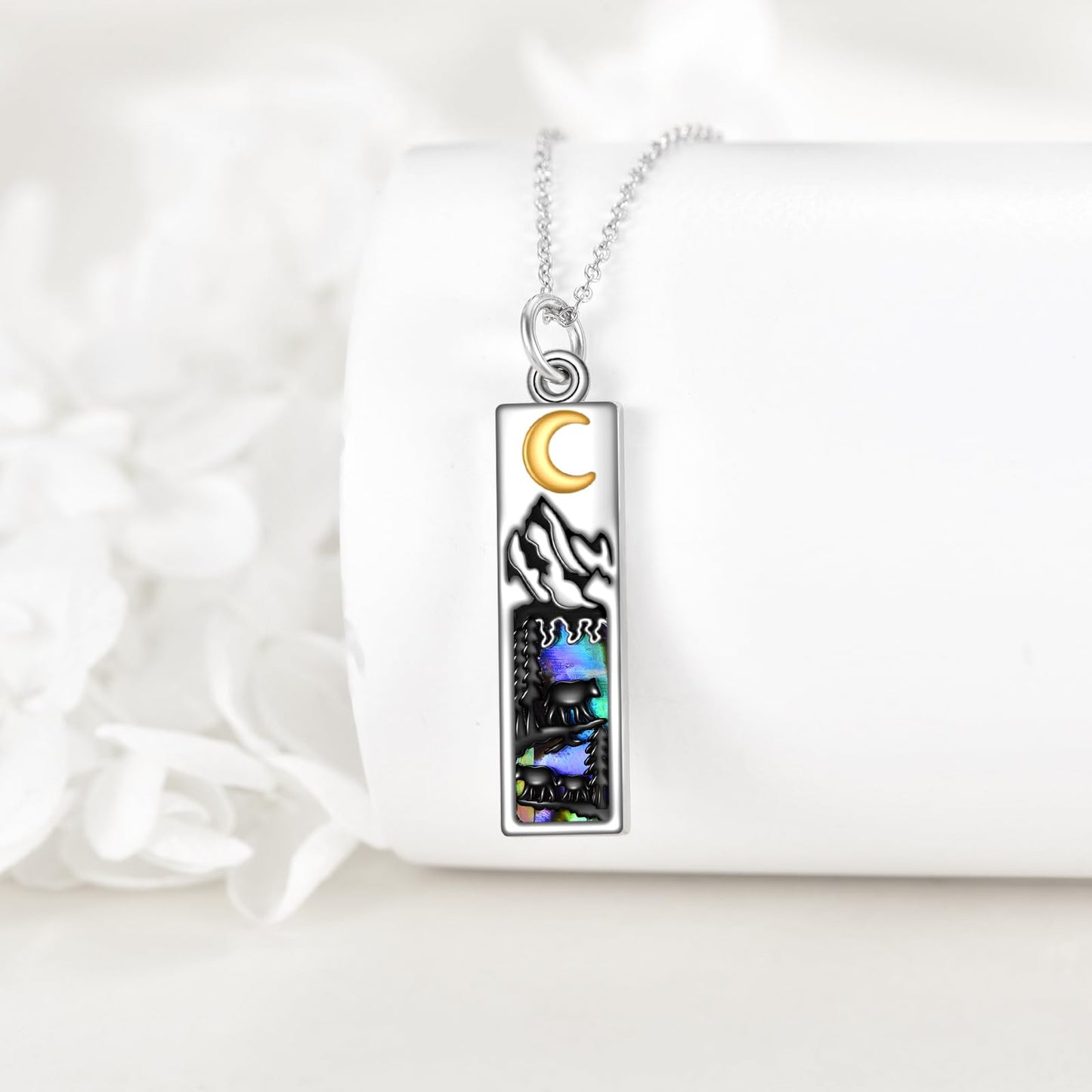 YFN Mountain Necklace for Women Sterling Silver Nature Necklace Jewelry Gift for Skiers, Hikers, Campers, Climbers and Nature Lovers (Black-Mountain with 3 Bear)