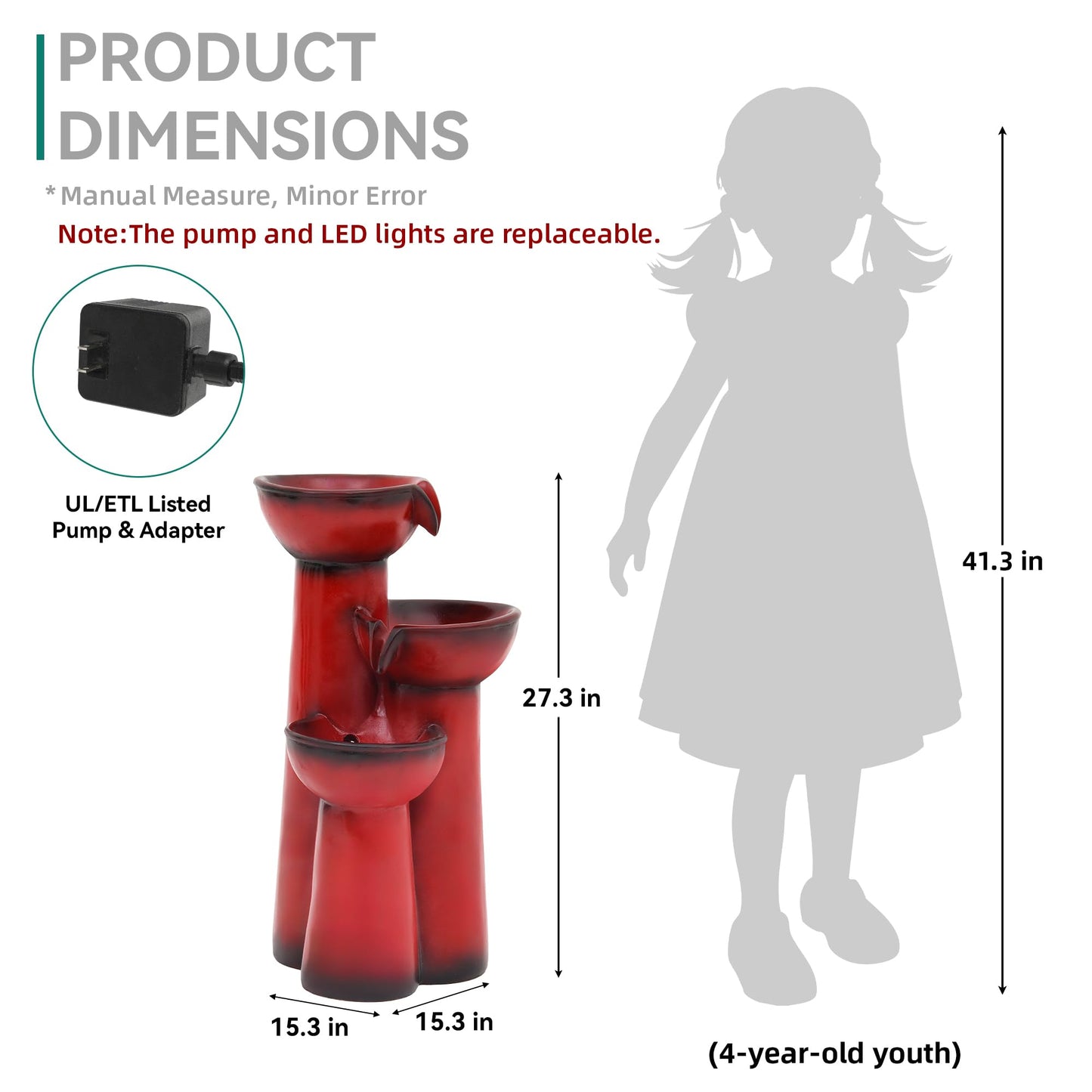 Ultym 27" Outdoor Water Fountain with LED Lights, 3-Tier Cascading Faux Ceramic Column Water Feature with Pump for Garden Patio Backyard, Weather-Resistant Resin Waterfall for Serene Oasis, Red