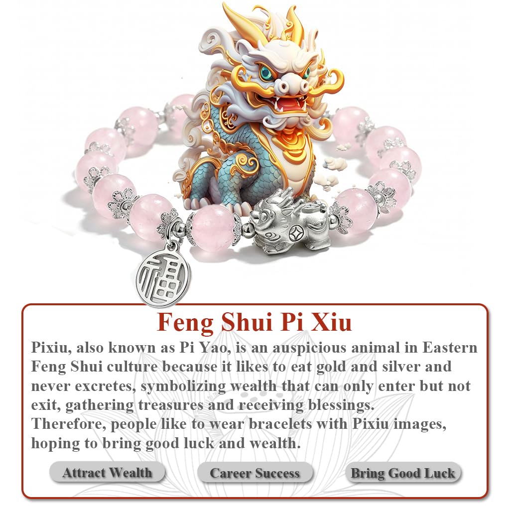 SoulPulse Lucky Pixiu Feng Shui Money Bracelet to Attract Wealth and Money,Elastic Pink Crystal Beaded Bracelets for Women Men,Fashion Charm Bracelet used for Work,Casual and Daily Wear
