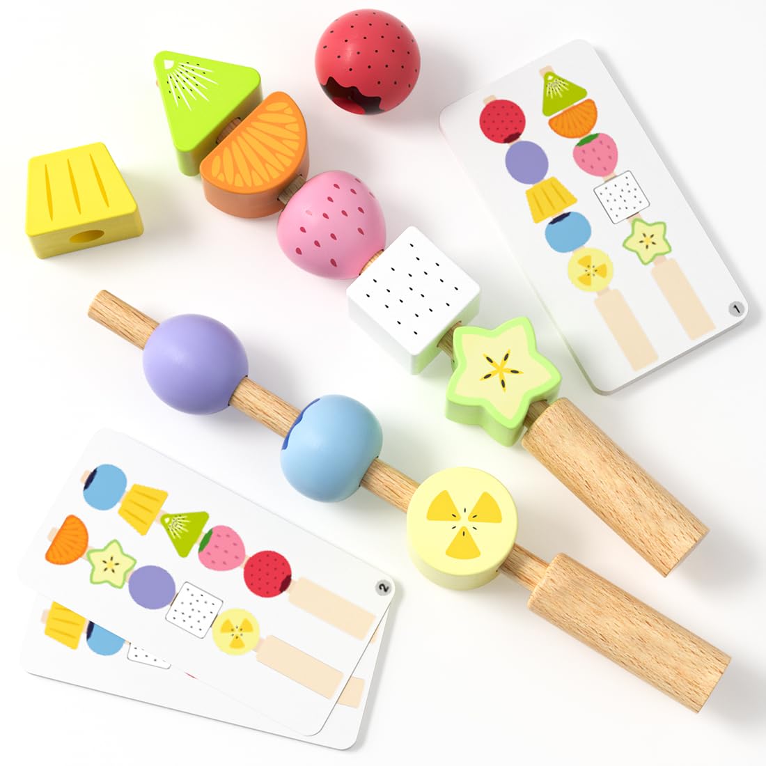 Wooden Montessori Lacing Beads Toy for Toddlers 2 3 4 5 Years Old, Fruit Themed Stringing Beads with Hard Rod & Pattern Cards, Fine Motor Skills Educational Sensory Toy for Boys Girls, Birthday Gift