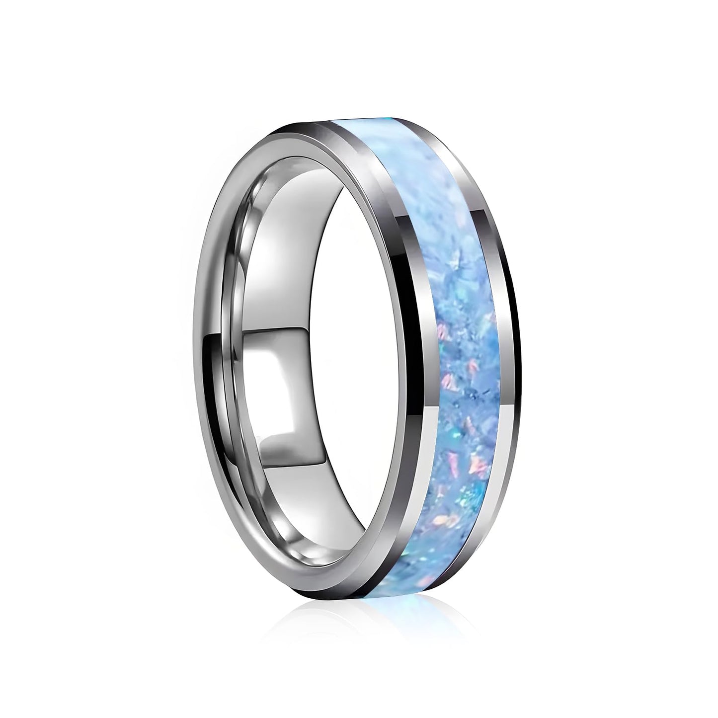 HJIMMNHONG New Opal Fashion Ring Double Beveled Edge Delicate Polished Stainless Steel Simple Mens and Women Rings, Width 8mm,Blue, Size 9