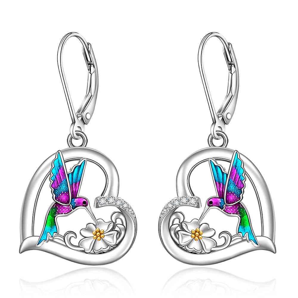 Hummingbird Earrings for Women Sterling Silver Purple Hummingbird Dangle Heart Flower Cute Bird Jewelry Filigree Memorial Mothers Day Healing Gifts