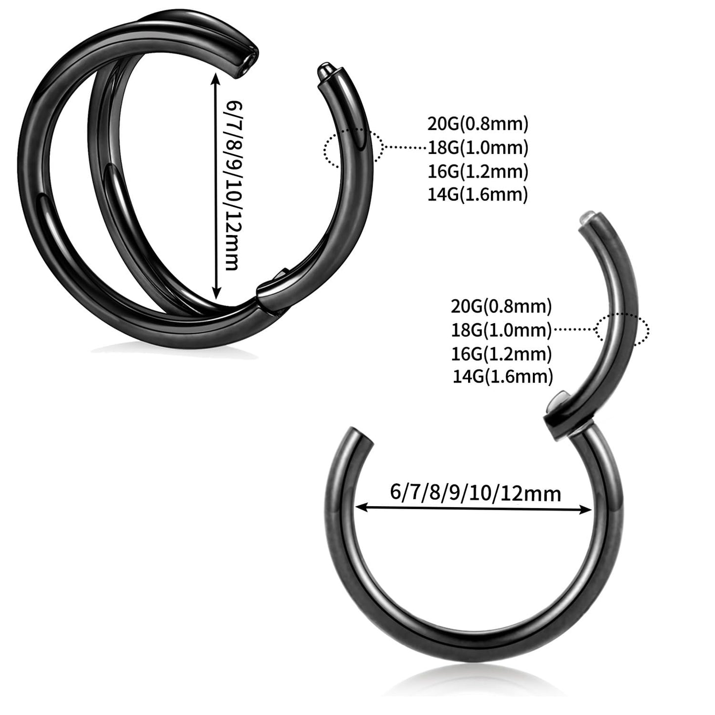 Nose Rings 14 Gauge Nose Ring Hoop Earrings 12mm Septum Ring Double Hoop Nose Hoop 14g Cartilage Earring Black Septum Clicker Lip Rings 12mm Helix Earring Rook Earrings Septum Jewelry Surgical Steel