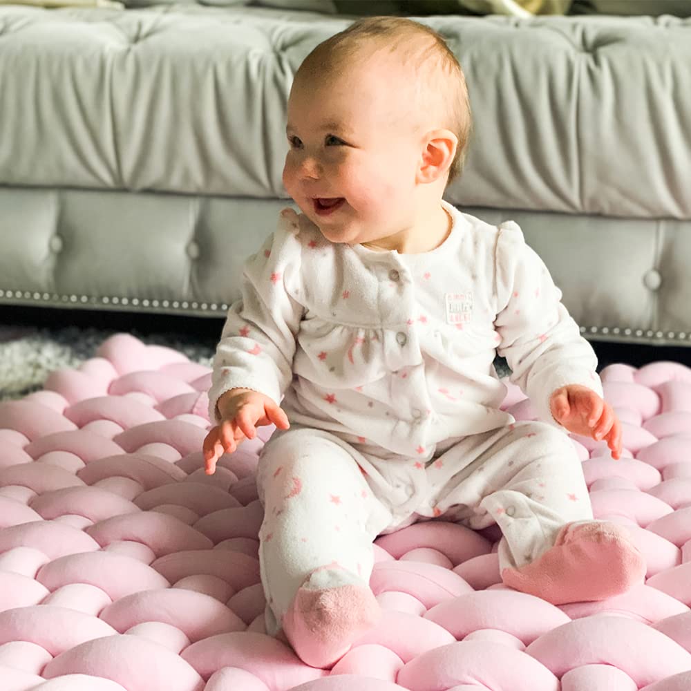 Wonder Space Knotted Braided Plush Mat, Baby Infant Newborn Tummy Time Playing Nursery Rug Knot Floor Cushion, Handmade Pure Soft Fabric, Fashion Cute Toddler Children Room Decor, Pink