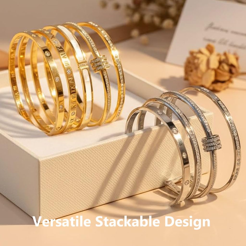5-Piece Elegant Stainless Steel Bracelet Set, Fashionable Classic Design, Silver/Gold Love Bangle Non Tarnish Stackable Bracelet Trendy Jewelry Gift Gifts for Girlfriend Wife Her (Gold)