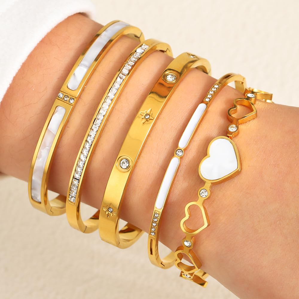ZhiRui Women's 18K Gold Plated Stackable Bangle Bracelet Set - Waterproof Mother of Pearl Heart Cubic Zirconia Jewelry - Perfect for Valentine's Day & Thoughtful Gifts for Women