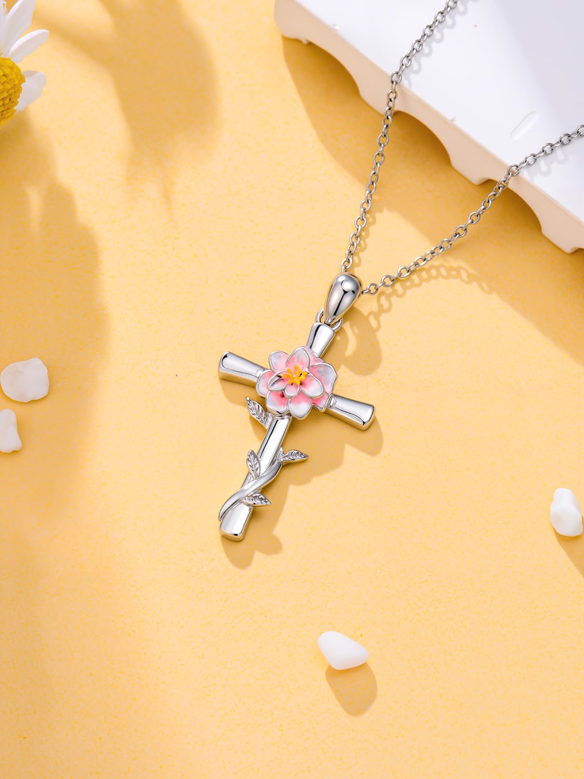 Cargari Peony Cross Necklace for Women 925 Sterling Silver Peony Flower Pendant Necklace Floral Jewelry Gift for Women