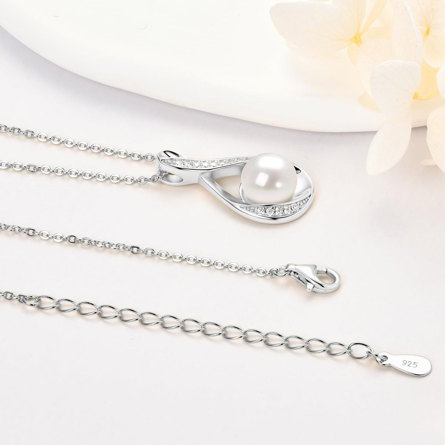 Pearl Necklace for Women, Sterling Silver Freshwater Cultured Dainty Single Pearl Pendant Necklace with Moissanite Wedding Jewelry Gift for Bride Bridesmaid (9mm)