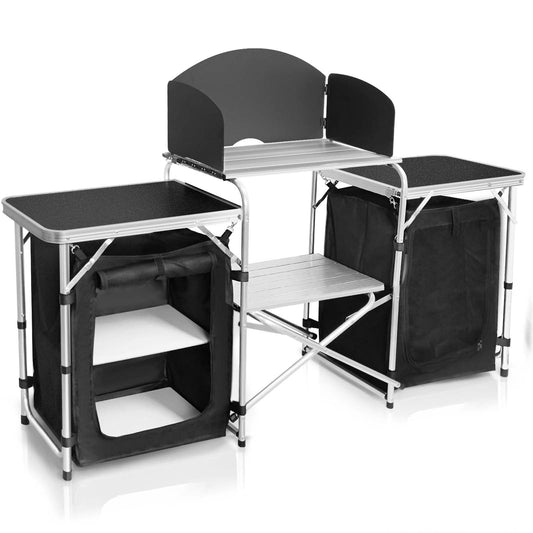 CampLand Folding Camping Kitchen Table with Windscreen,Portable Outdoor Cooking Station with Storage Cabinet & Side Tables Heavy Duty Camp Cook Station for Camping & BBQ (Black2cabinet)