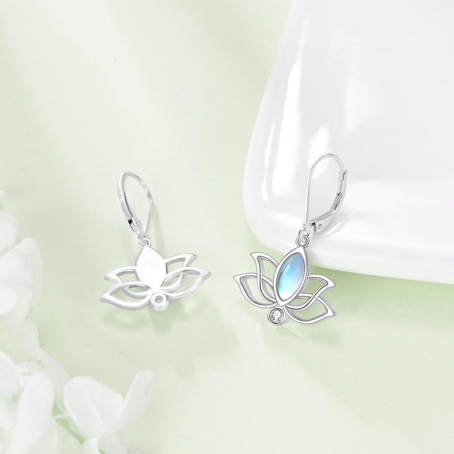 YFN Lotus Flower Earrings Sterling Silver Birthstone Lotus Leverback Dangle Drop Earrings Jewelry Gifts for Women (M. Moonstone)