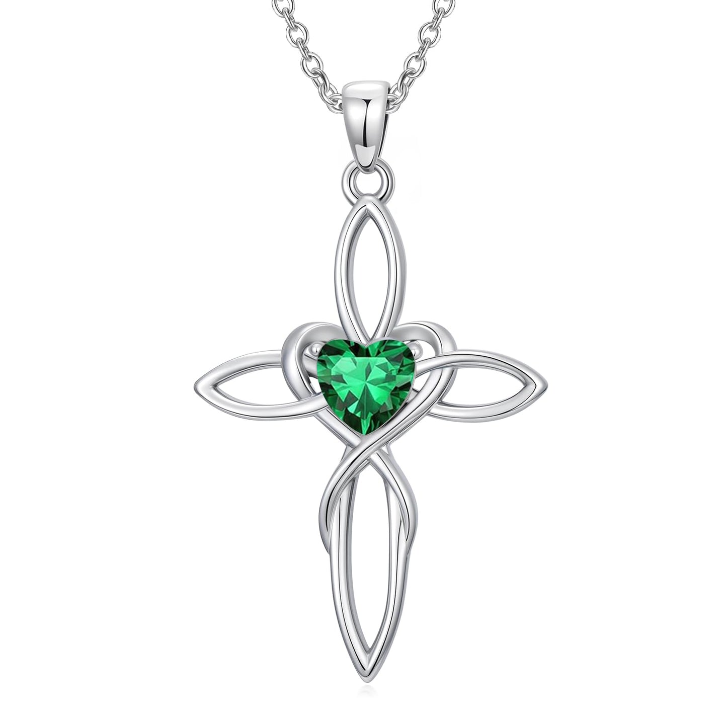 POIUY Celtic Knot Cross Birthstone Necklace for Women Irish Infinity Heart Pendant Cross Jewelry Anniversary Valentines Baptism Faith Birthday Mothers Day Gifts for Mom Wife Her