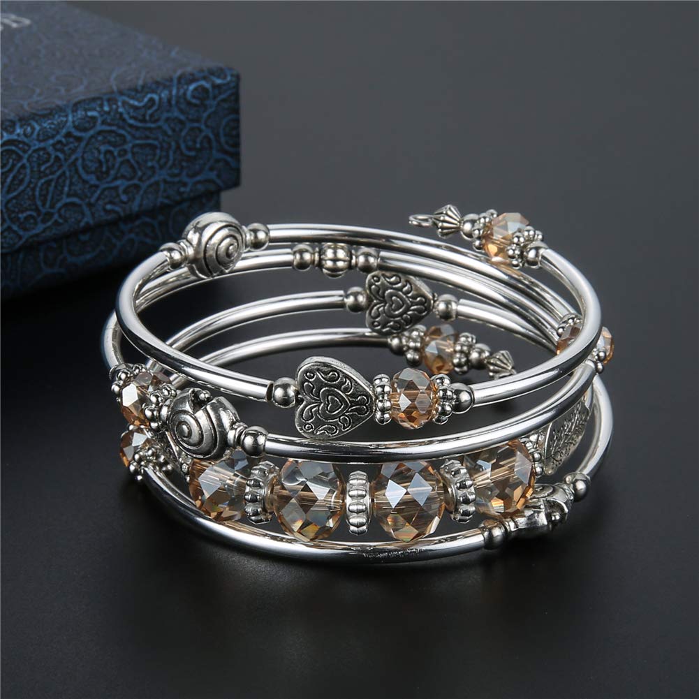 PEARL&CLUB Bead Crystal Wrap Bangle Bracelet - Fashion Jewelry Beaded Bracelet with Silver Metal, Gifts for Women(23-Champagne)