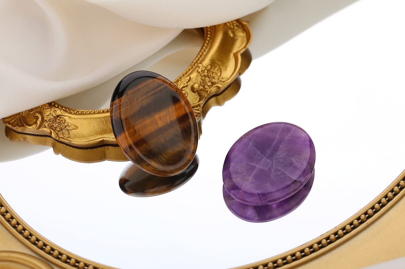 2PCS Worry Stone for Anxiety Tigers Eye Amethyst Healing Crystals Hand Thumb Stones Pocket Gemstones Meditation Accessories Oval Crystal Natural Relax Palm Stone Anxiety Relief Items Stocking Stuffers