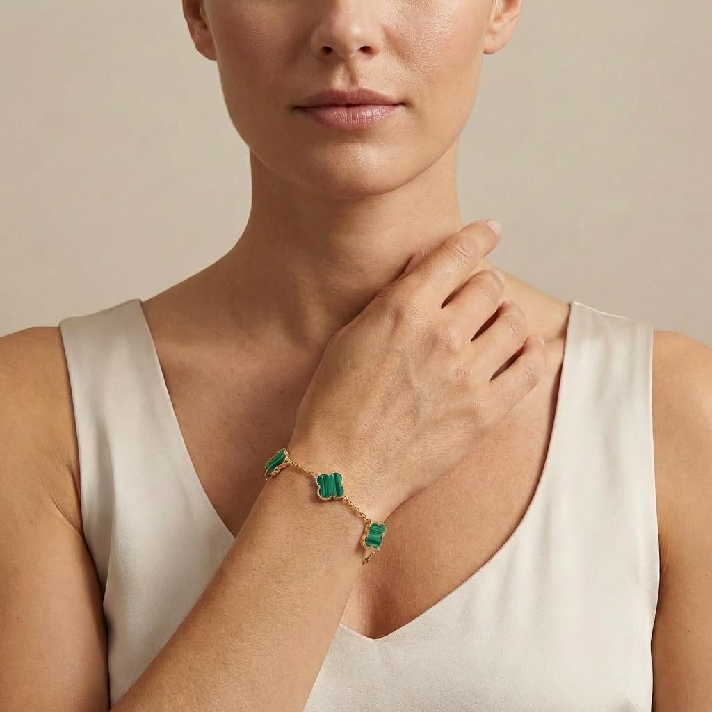 SHINYY Four Leaf Clover Bracelet for Women | 18K Gold Plated Cubic Zirconia Link Bracelet | 4 Leaf Lucky Jewelry Gift for Her (Green Gold Simple)