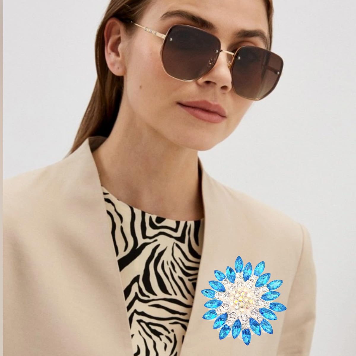 Rhinestone Sunflower Brooch Pin for Women Red Black Purple Large Flower Broochs Snowflake Brooch Marquise Wreath Brooches Jewelry (Blue1)