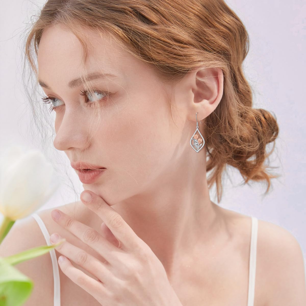 Tulip Earrings Sterling Silver Tulip Flower Floral Dangle Dangling Drop Charm Earrings Tulip Jewelry Gifts for Women