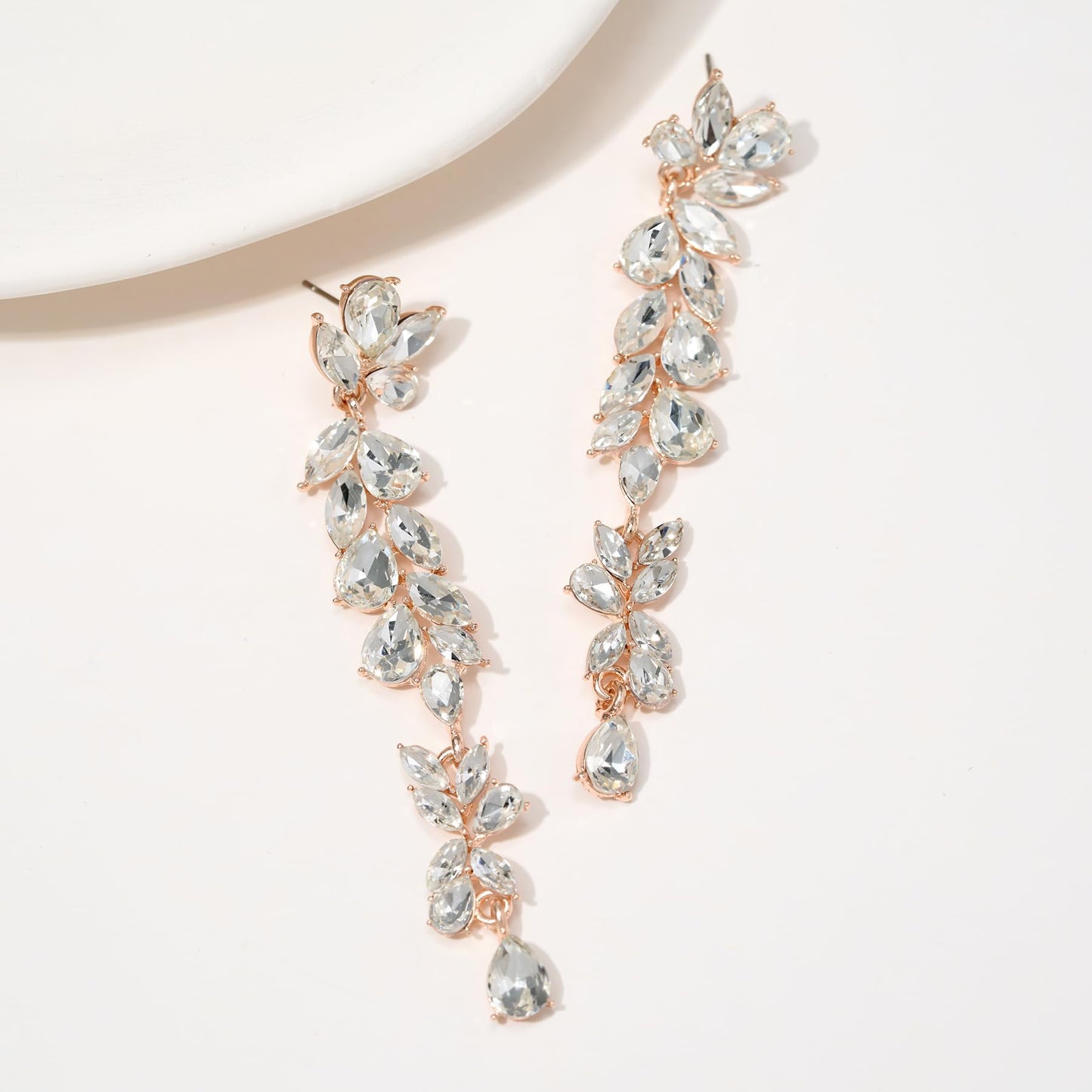 SWEETV Long Rhinestone Dangle Earrings for Women, Wedding Bridal Earrings for Brides, Crystal Chandelier Drop Earrings for Prom or Pageant, Rose Gold