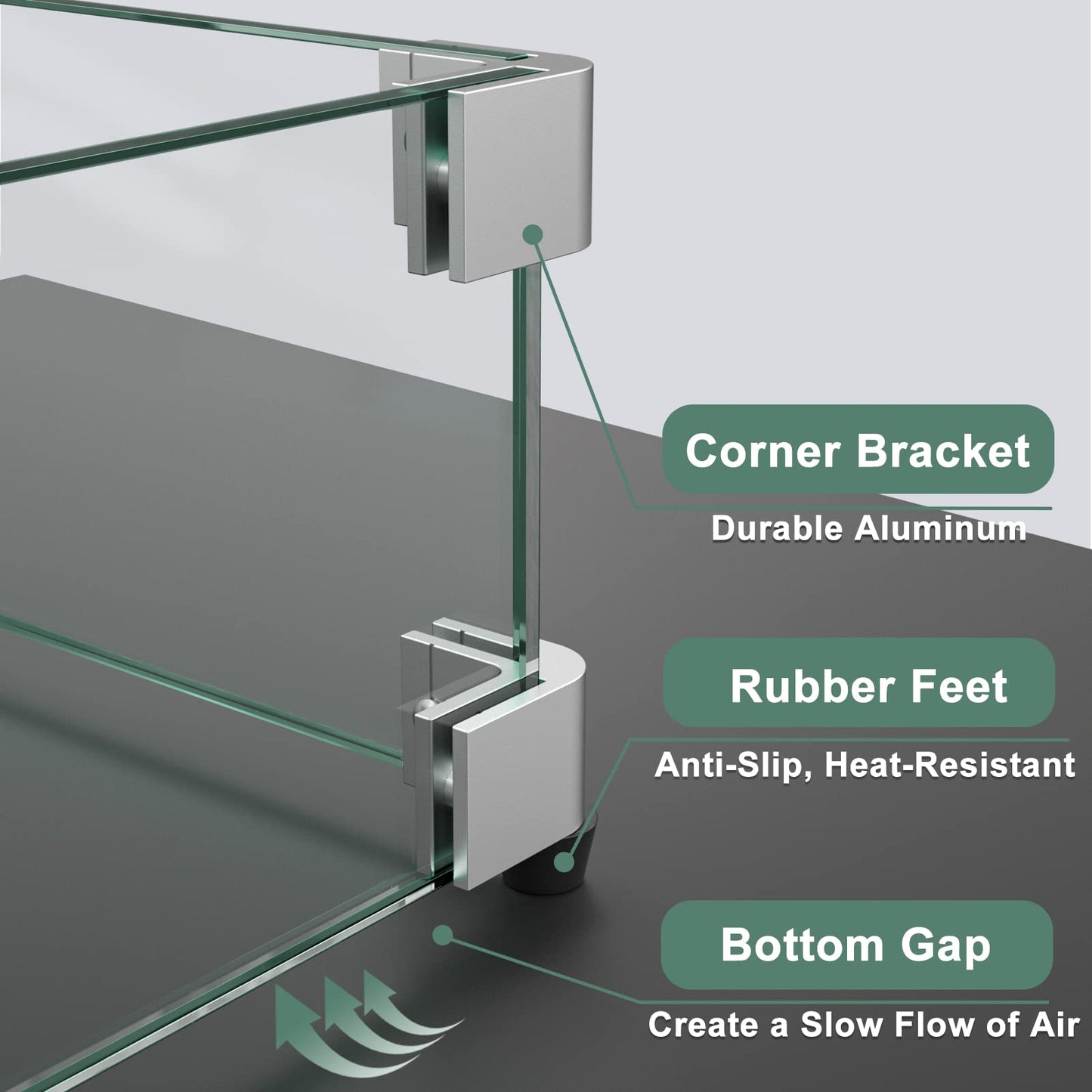 GASPRO 19.5 Inch Glass Wind Guard for Square Fire Pit Table, Thick and Sturdy Tempered Glass Panel with Hard Aluminum Corner Bracket & Rubber Feet, Easy to Assemble