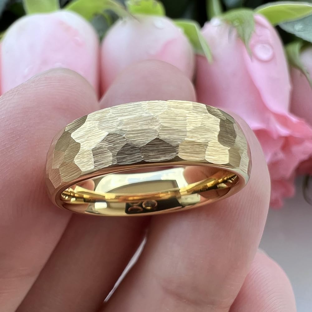 TUTISS 6mm Gold Hammered Tungsten Rings for Men Women Engagement Wedding Bands Domed I Love You Engraved Comfort Fit Size 7