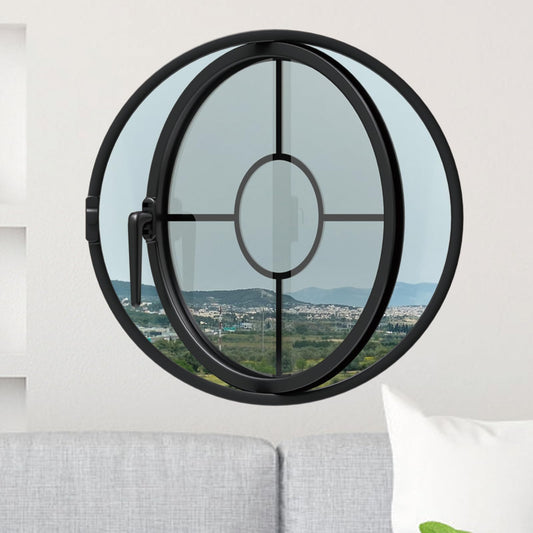 Clear Rotating Round Window, 23.6'' Porthole Window with Transparent Tempered Glass, Iron Frame Center-Pivot Window with Handle, Decor Ventilation Window for Indoor Outdoor Kitchen Office(Black)