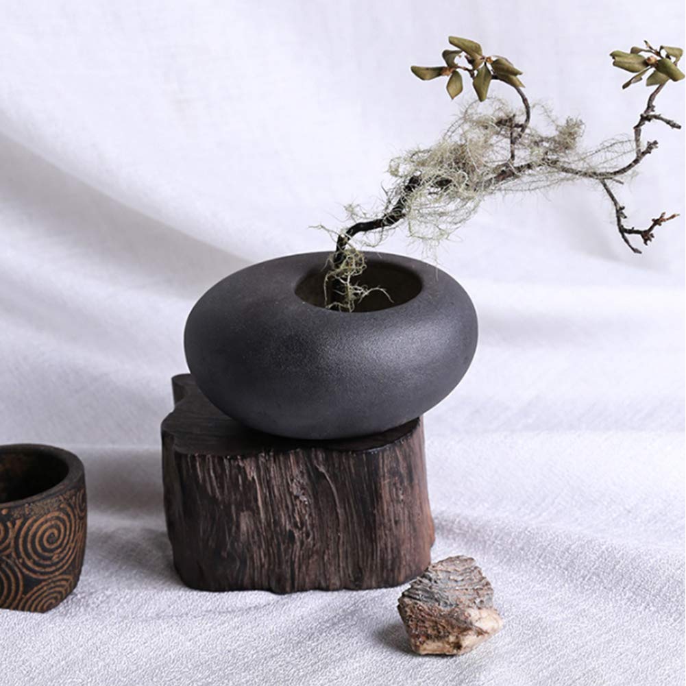 WANDIC Ikebana Flower Arrangement Vase Kit, Black Pebble Ceramic Planter Pot with 4cm Kenzan Flower Frog Pottery Floral Arranging Pin Needle Holder for Floral Art Desk Office Decoration
