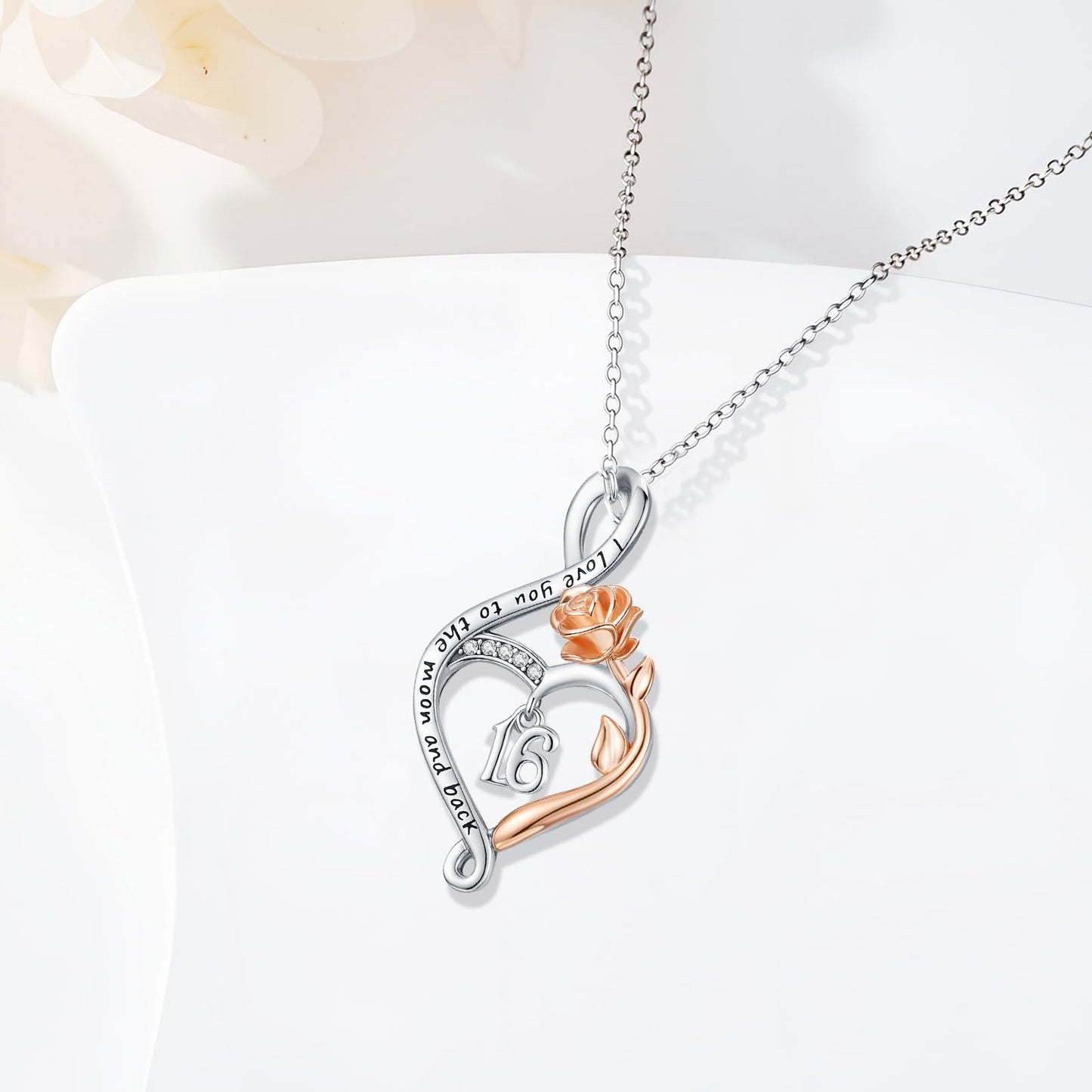KoyeKei 16th Birthday Gifts for Women Sweet 16 Year Old Necklace 925 Sterling Silver Rose Flower Heart Infinity Pendant Jewelry Christmas Birthday Gift for Sixteen Year Old Daughter Granddaughter