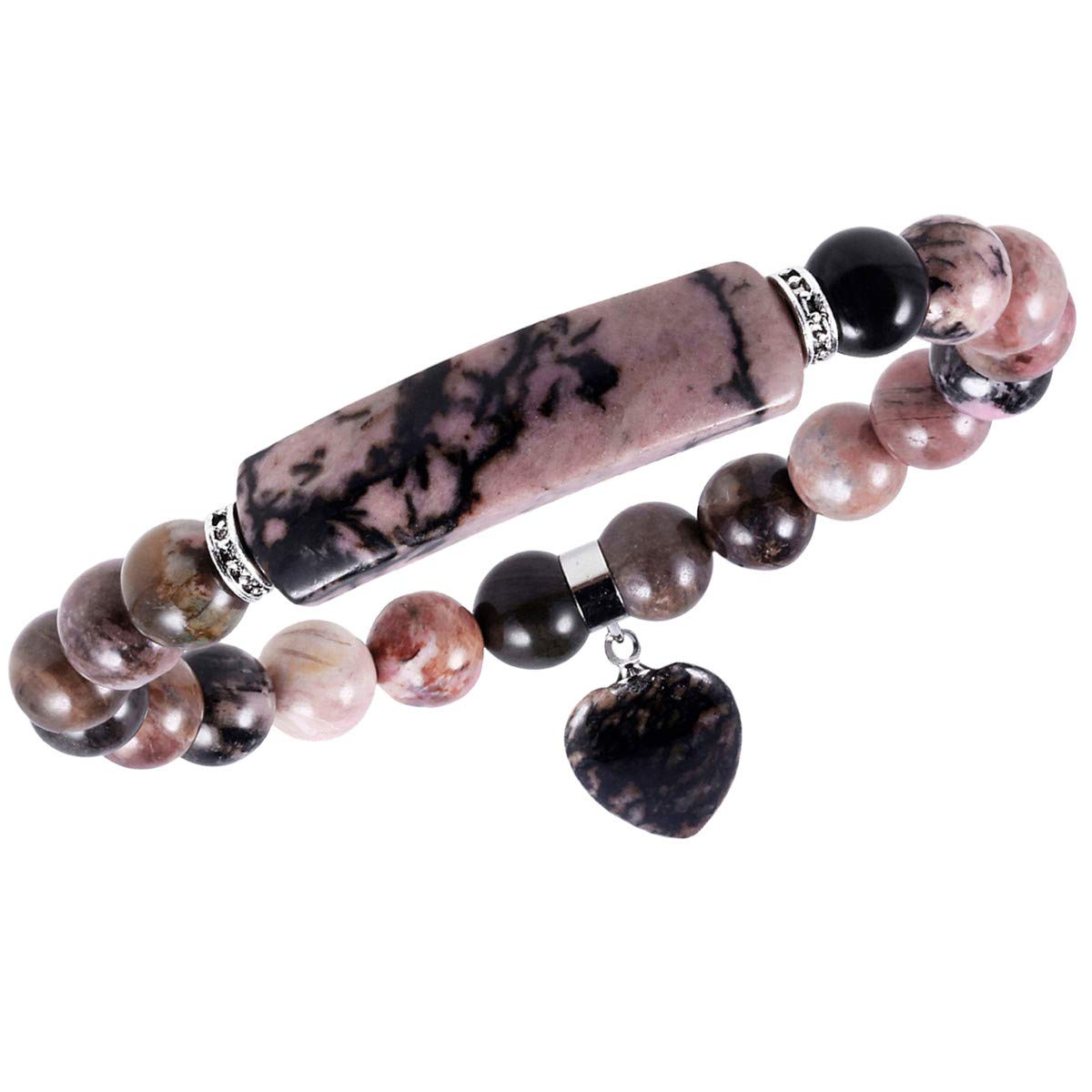TUMBEELLUWA Healing Stone Bracelet 8mm Beads Chakra Crystal Energy Heart Charm Bracelet Handmade Jewelry for Women, Rhodonite