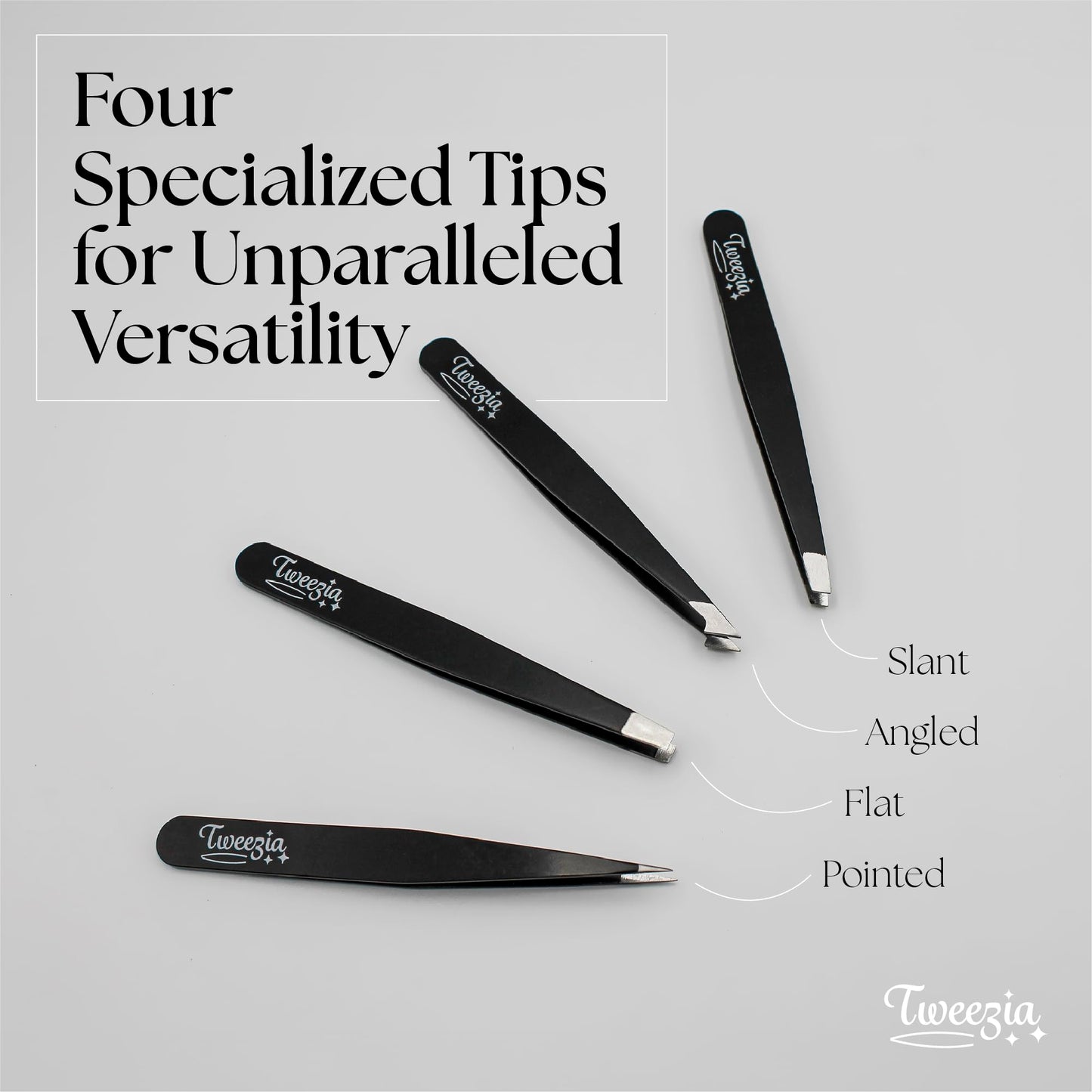 TWEEZIA Stainless Steel Tweezer Set - 4 Precision Tweezers with Mirror & Leather Case - Ideal Eyebrow Kit, Ingrown Hair Tweezers, Splinter Removal Kit or Pointed Tweezers for Beauty and Personal Care